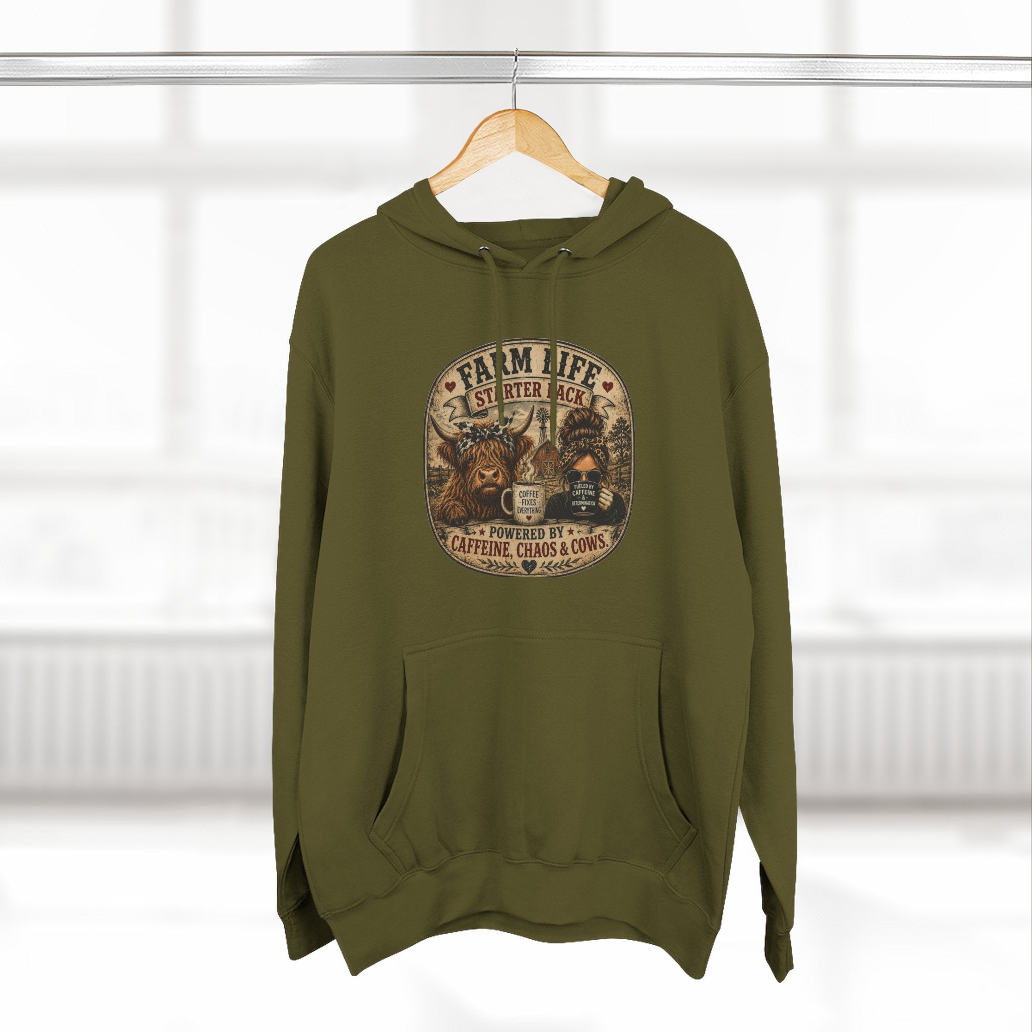 Farm Life Highland Cow Three-Panel Fleece Hoodie