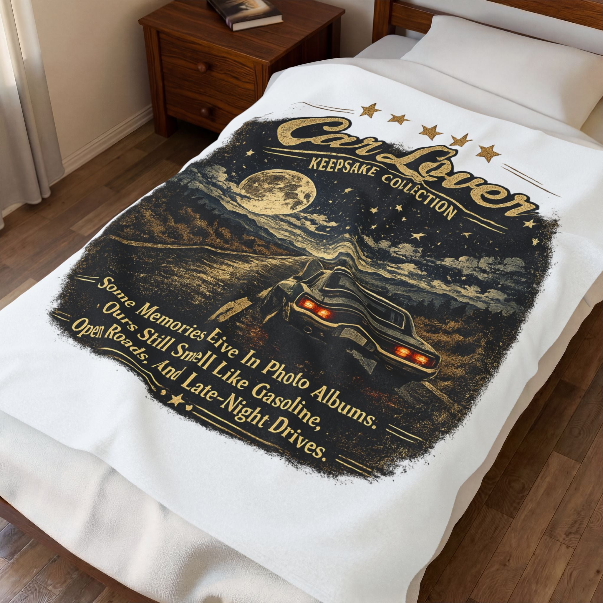Retro Night Drive Keepsake with Full Moon & Classic Car Quote - Car Lover Velveteen Blanket