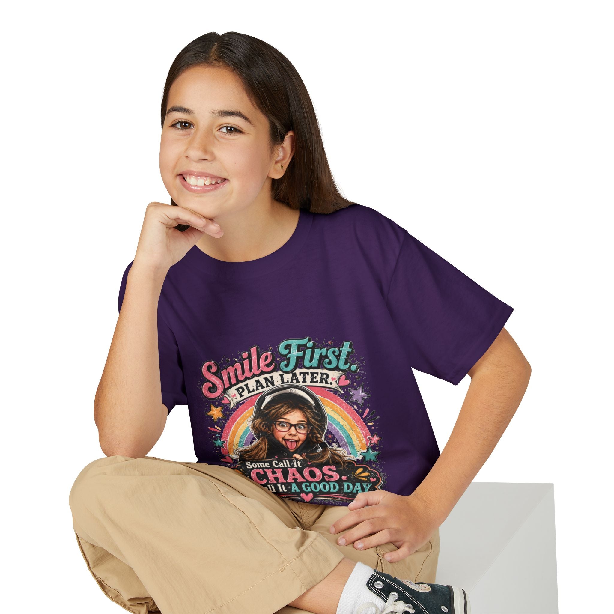 "Smile First, Plan Later" Funny Chaos Rainbow Kids Tee — Youth T-Shirt