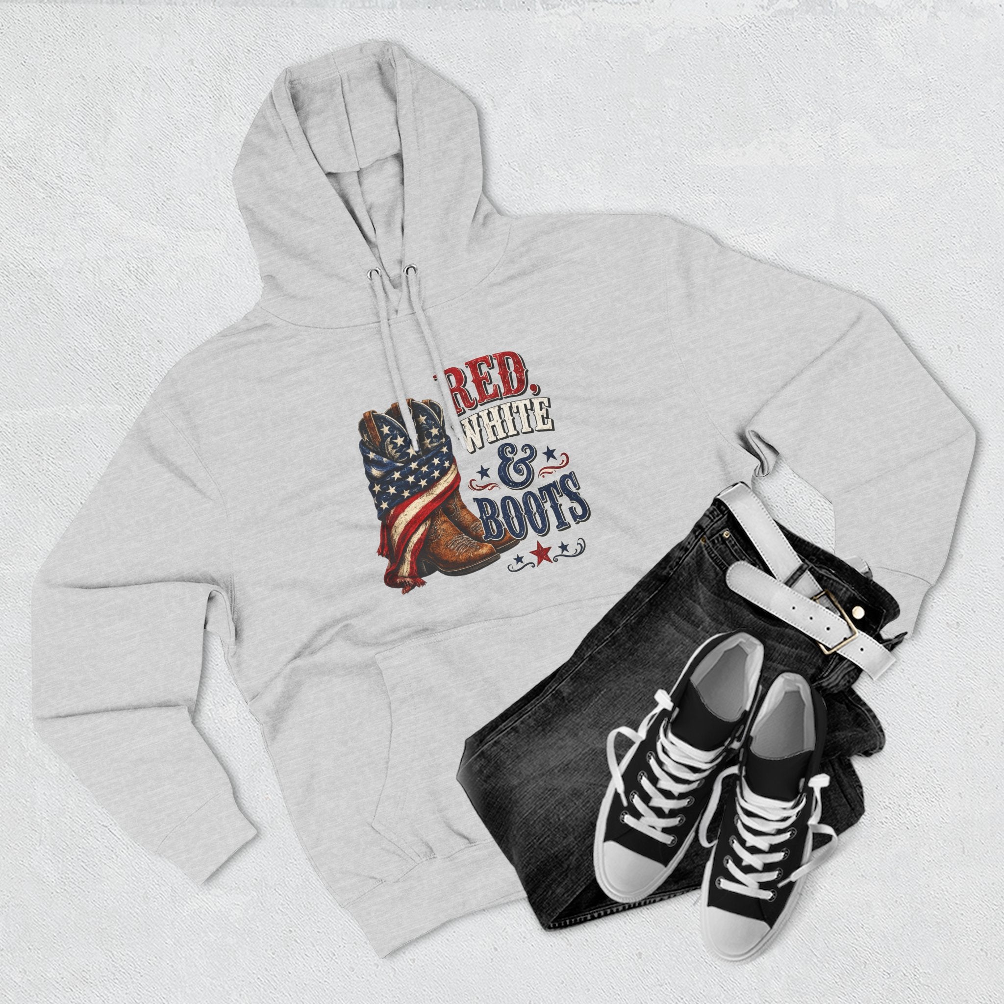 Patriotic 'Red White & Boots' Hoodie — American Flag Cowboy Boots Pullover