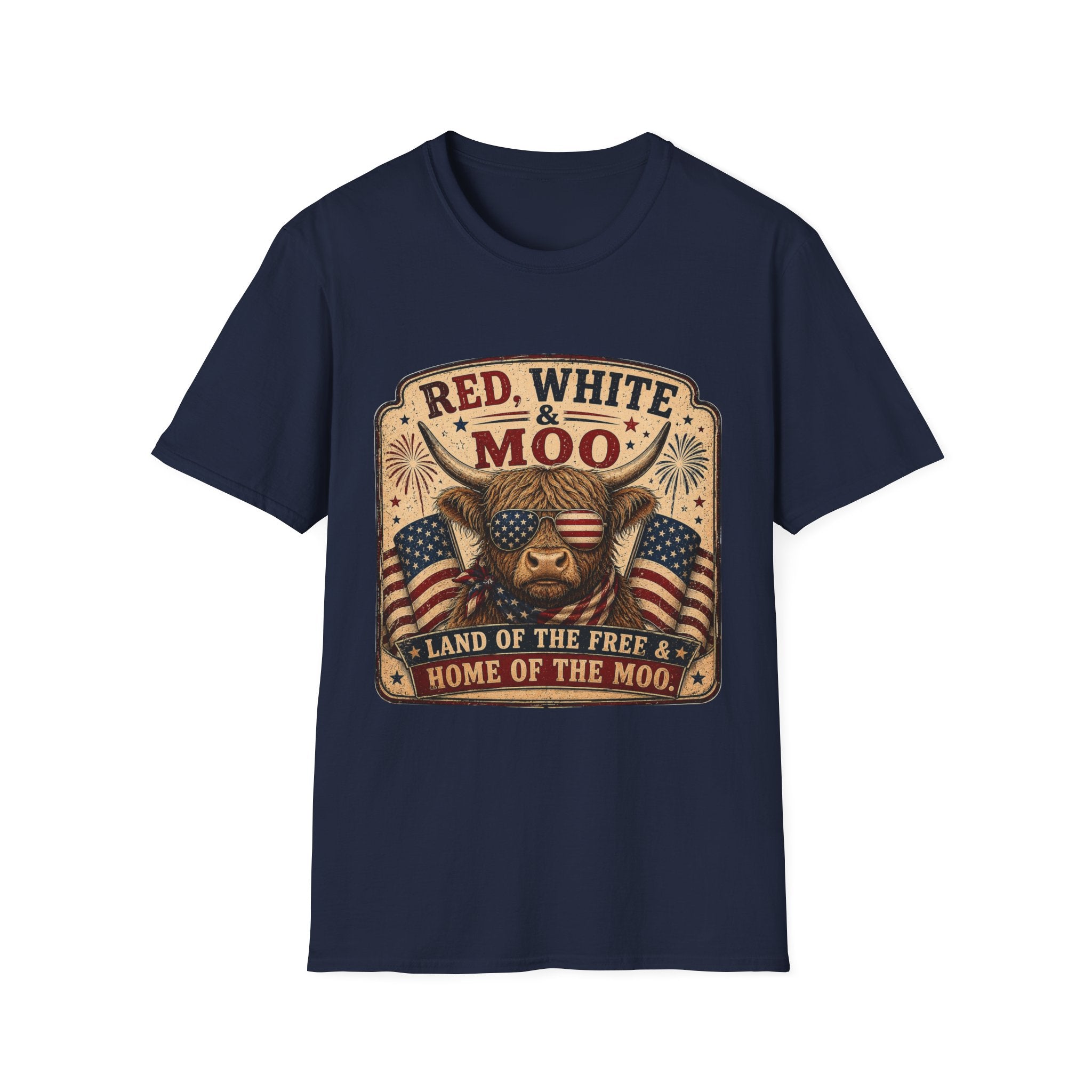 Red, White, & Moo Highland Cow Unisex Softstyle T-Shirt