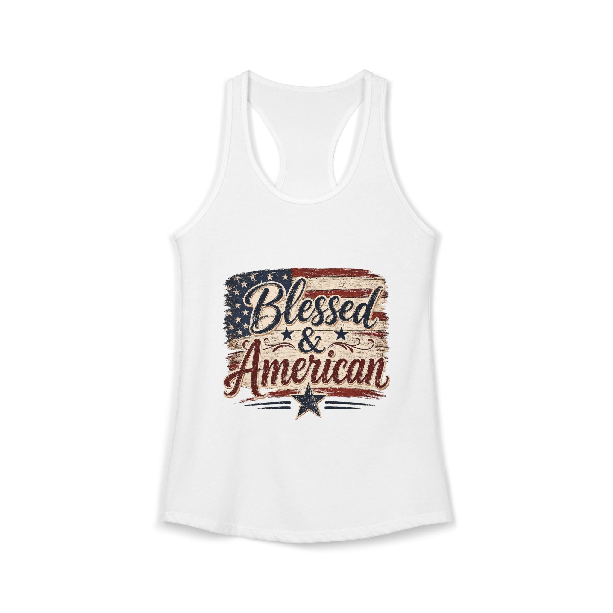 Blessed & American Women's Ideal Racerback Tank— Patriotic Flag Graphic Lightweight Sweatshirt