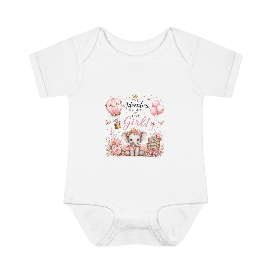 "Our Adventure Begins, Little Girl" Pink Elephant Newborn Onesie - Baby Bodysuit