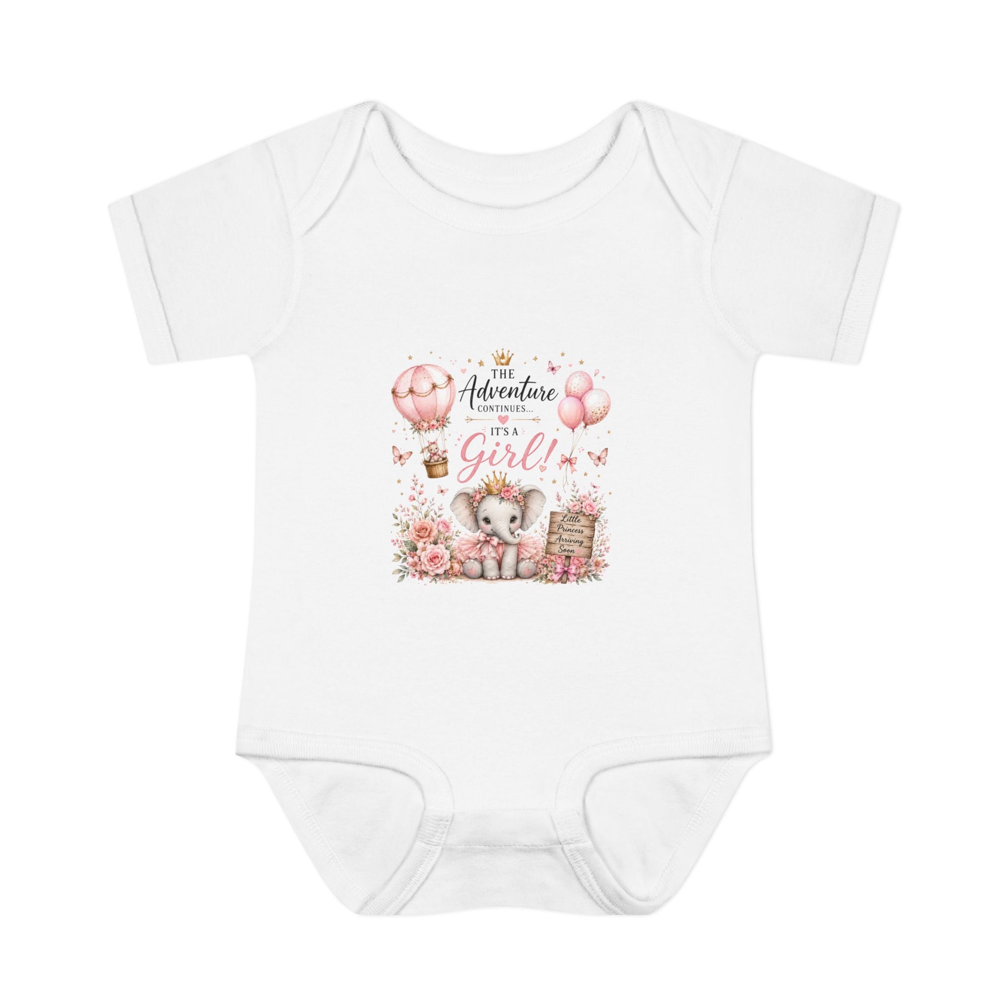 "Our Adventure Begins, Little Girl" Pink Elephant Newborn Onesie - Baby Bodysuit