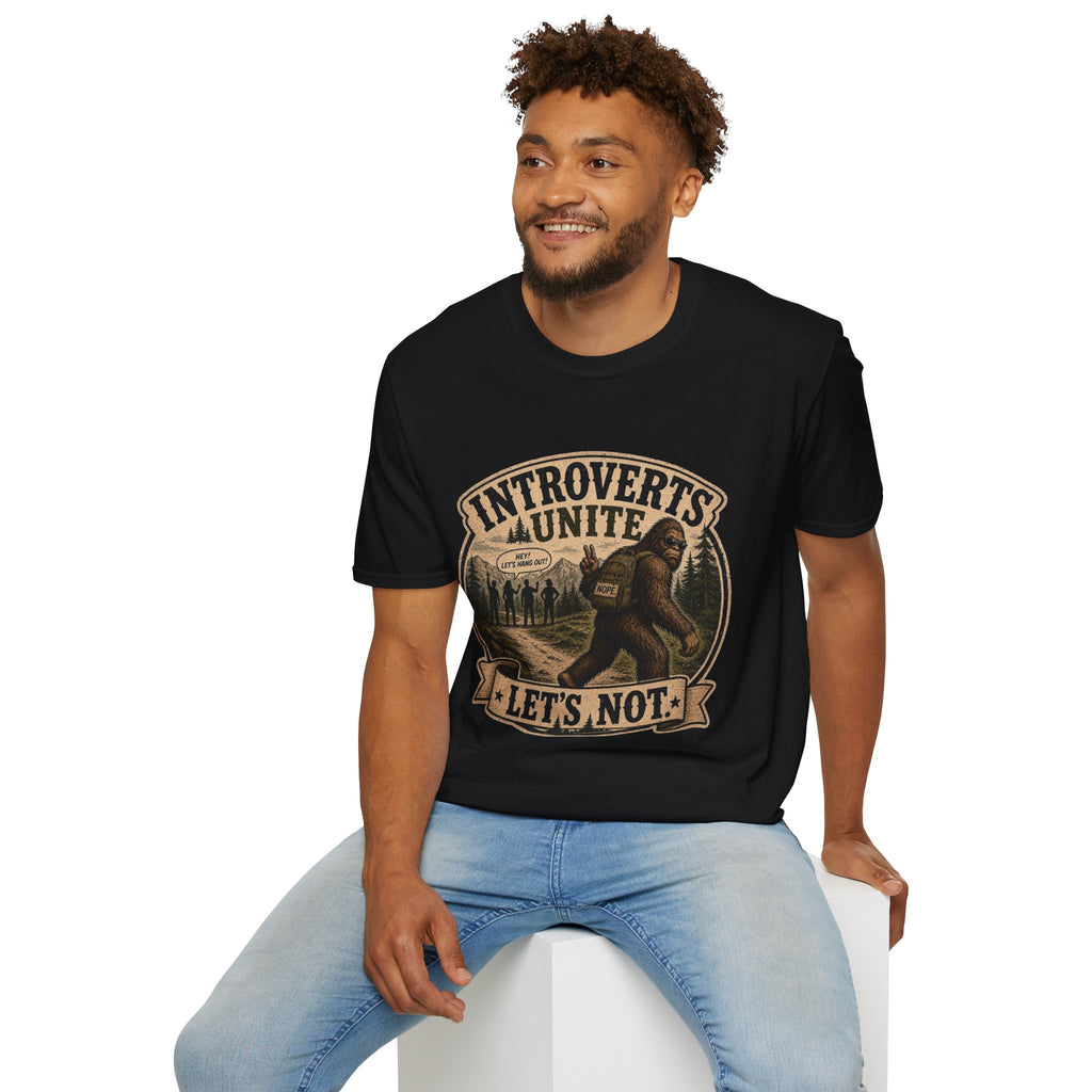 Bigfoot’s Introverts Unite Let's Not T-Shirt — Funny Sasquatch Recalculating Map Tee
