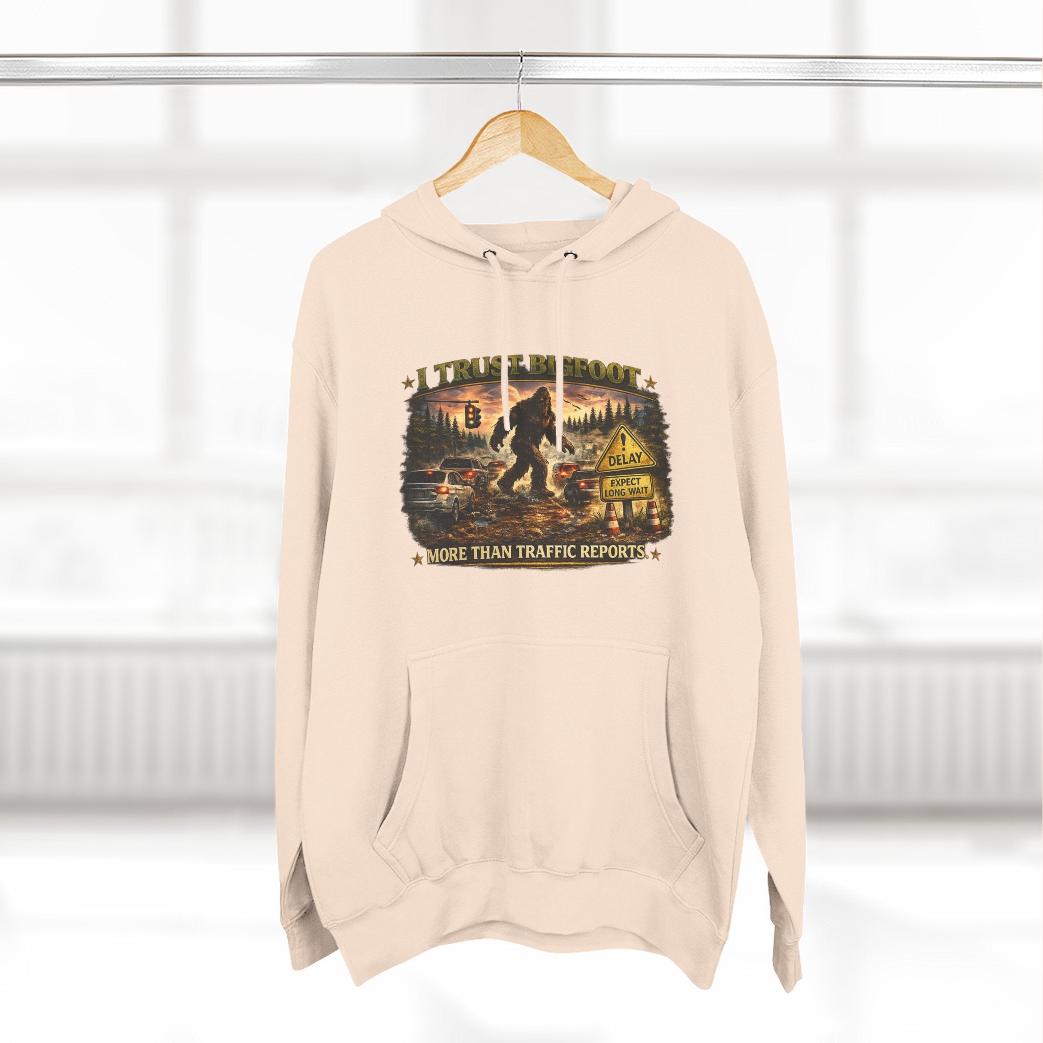 Bigfoot Forest Hoodie - "More Than Traffic Reports" Retro Sasquatch Graphic Hoodie
