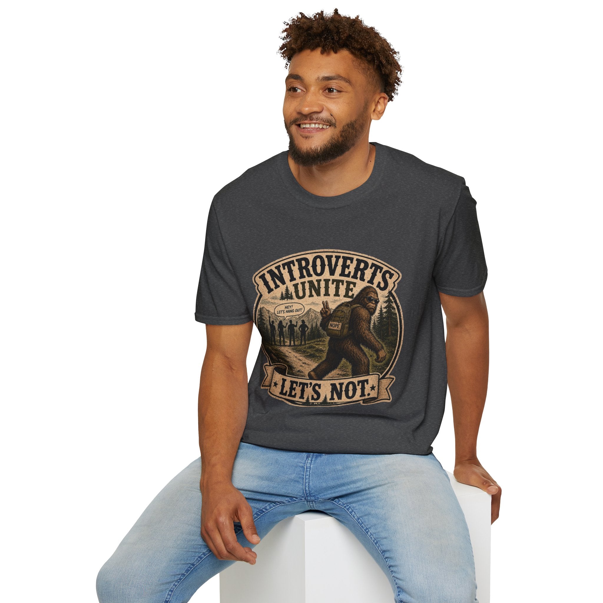 Bigfoot’s Introverts Unite Let's Not T-Shirt — Funny Sasquatch Recalculating Map Tee