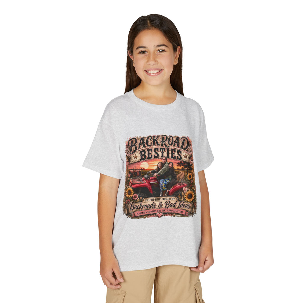 Backroad Besties Youth T‑Shirt — Vintage Tractor Sunset Kids Tee