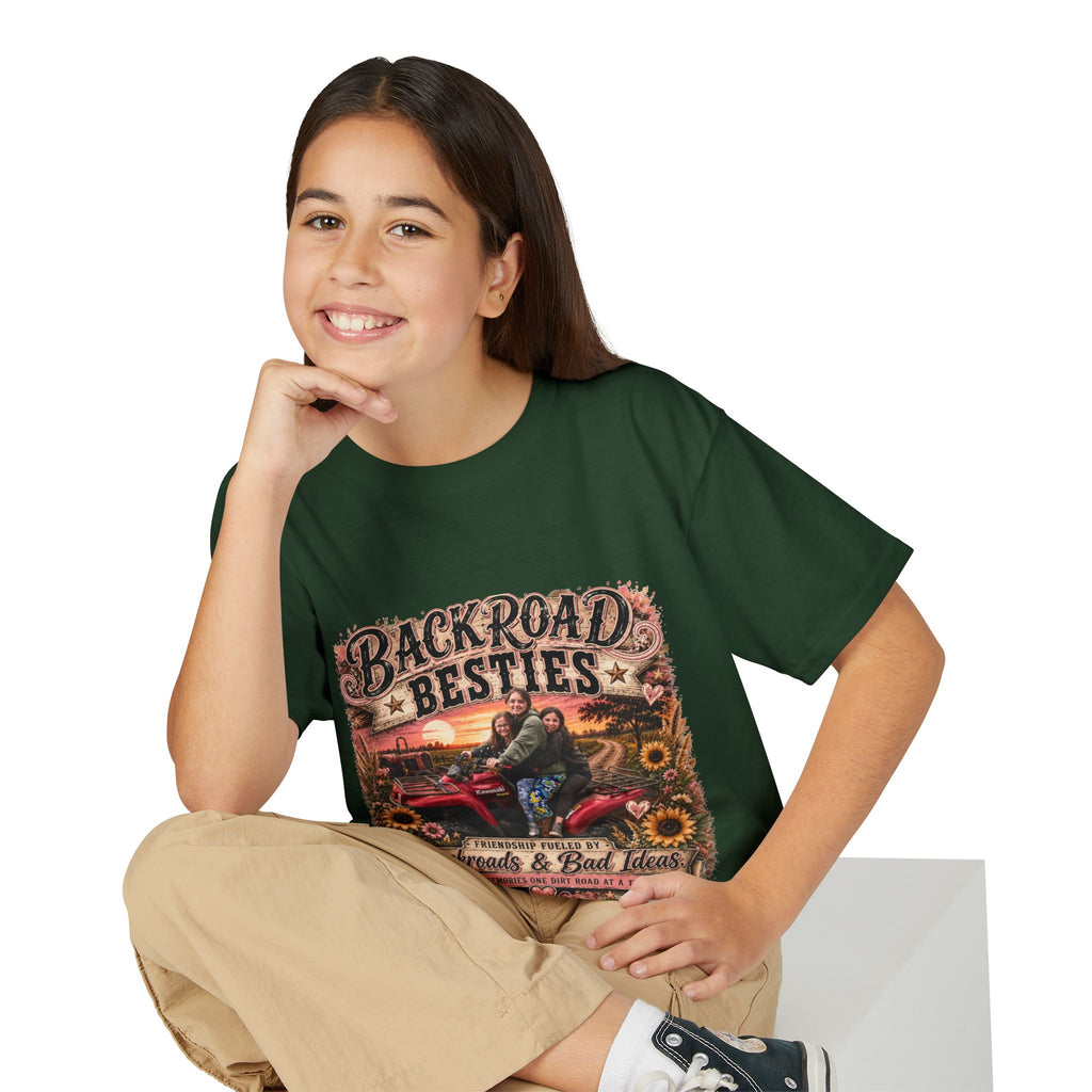 Backroad Besties Youth T‑Shirt — Vintage Tractor Sunset Kids Tee