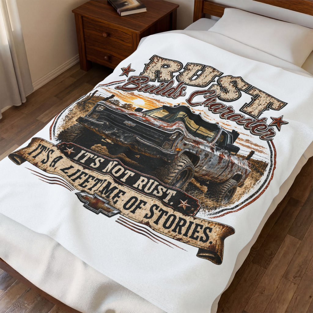 “Rust Builds Character: It’s Not Rust, It’s A Lifetime Of Stories” Vintage Truck Throw — Plush Blanket