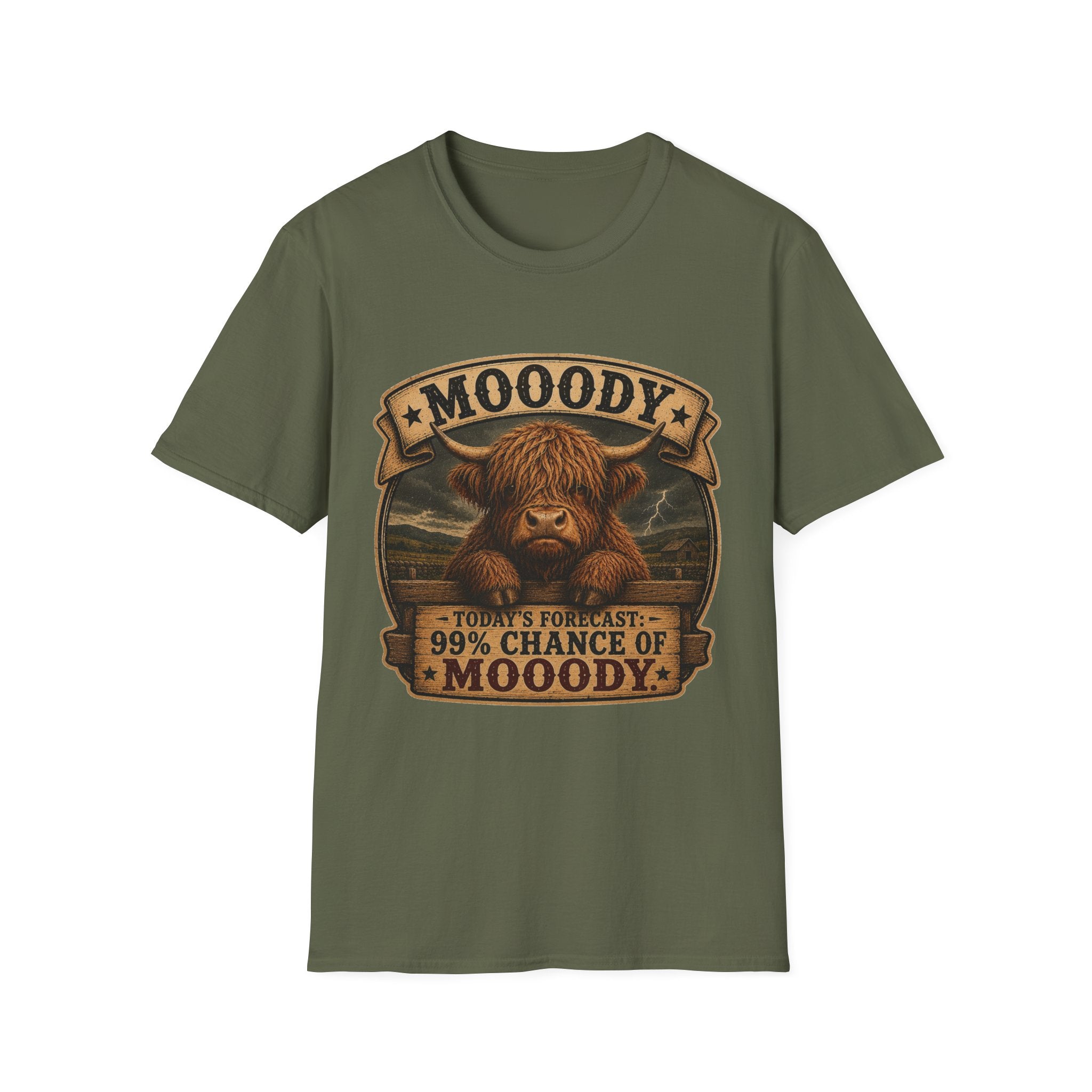 Moody Today's Forecast Highland Cow Unisex Softstyle T-Shirt