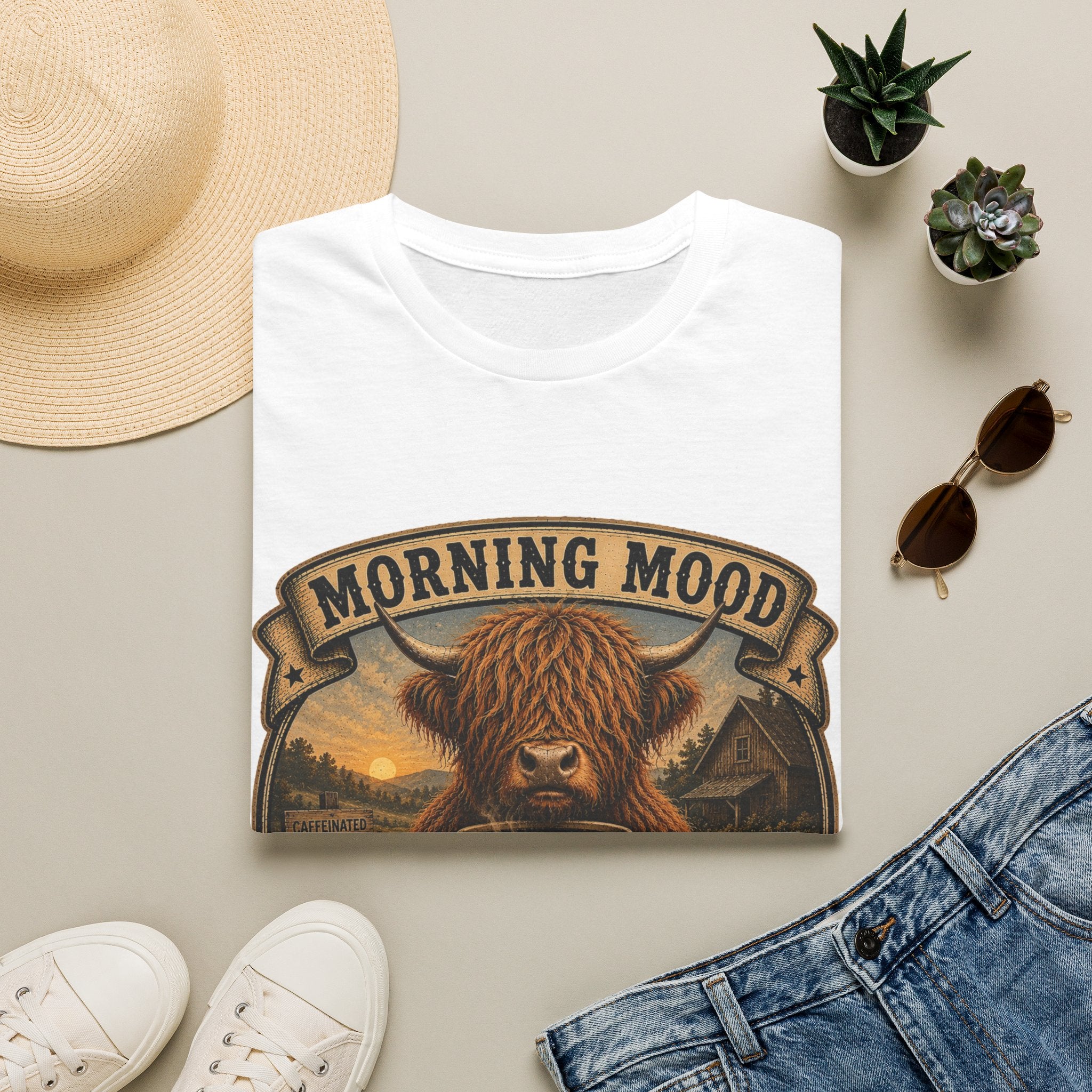 Morning Mood Moo First Questions Later Highland Cow Unisex Softstyle T-Shirt