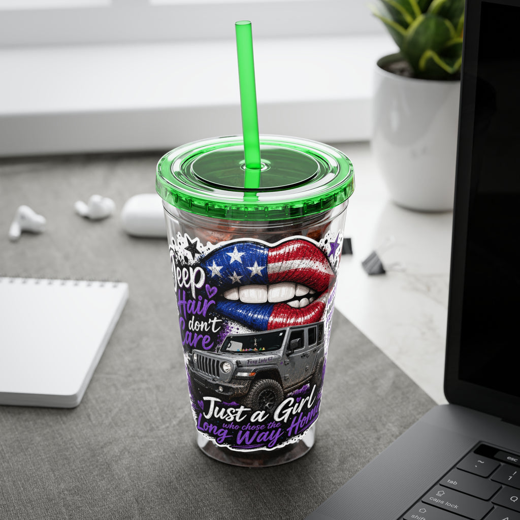 Jeep Girl 16oz Tumbler with Straw — American Flag Lips ‘Jeep Hair Don’t Care’ Design
