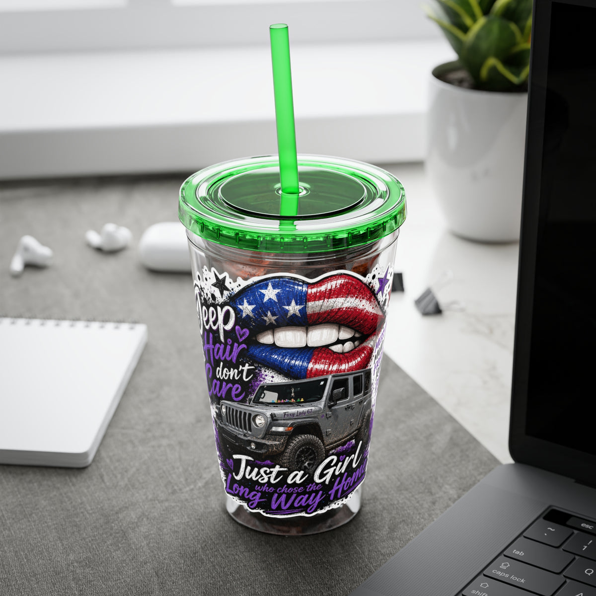 Jeep Girl 16oz Tumbler with Straw — American Flag Lips ‘Jeep Hair Don’t Care’ Design