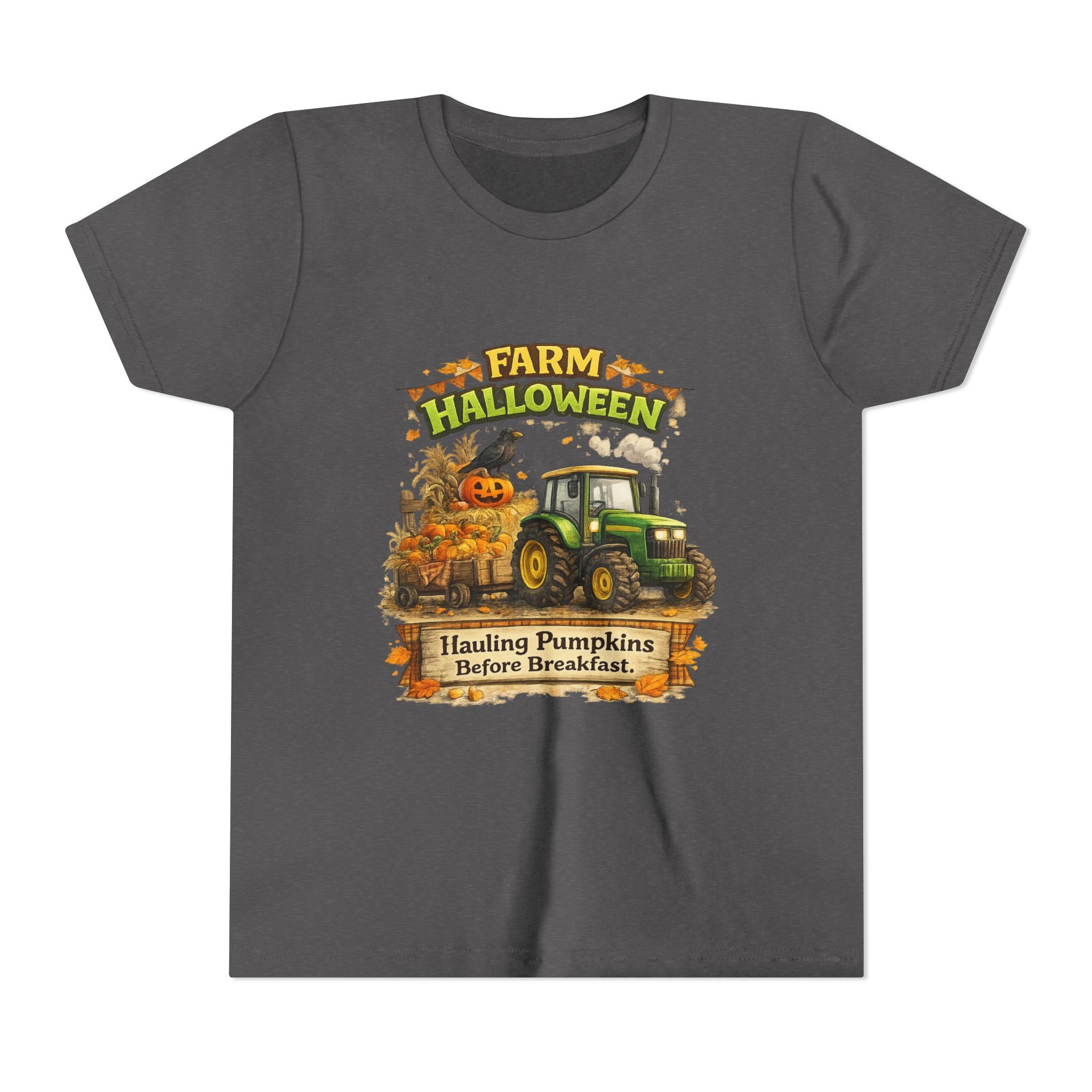 "Hauling Pumpkins Before Breakfast" Tractor Graphic — Youth Farm Halloween Tee