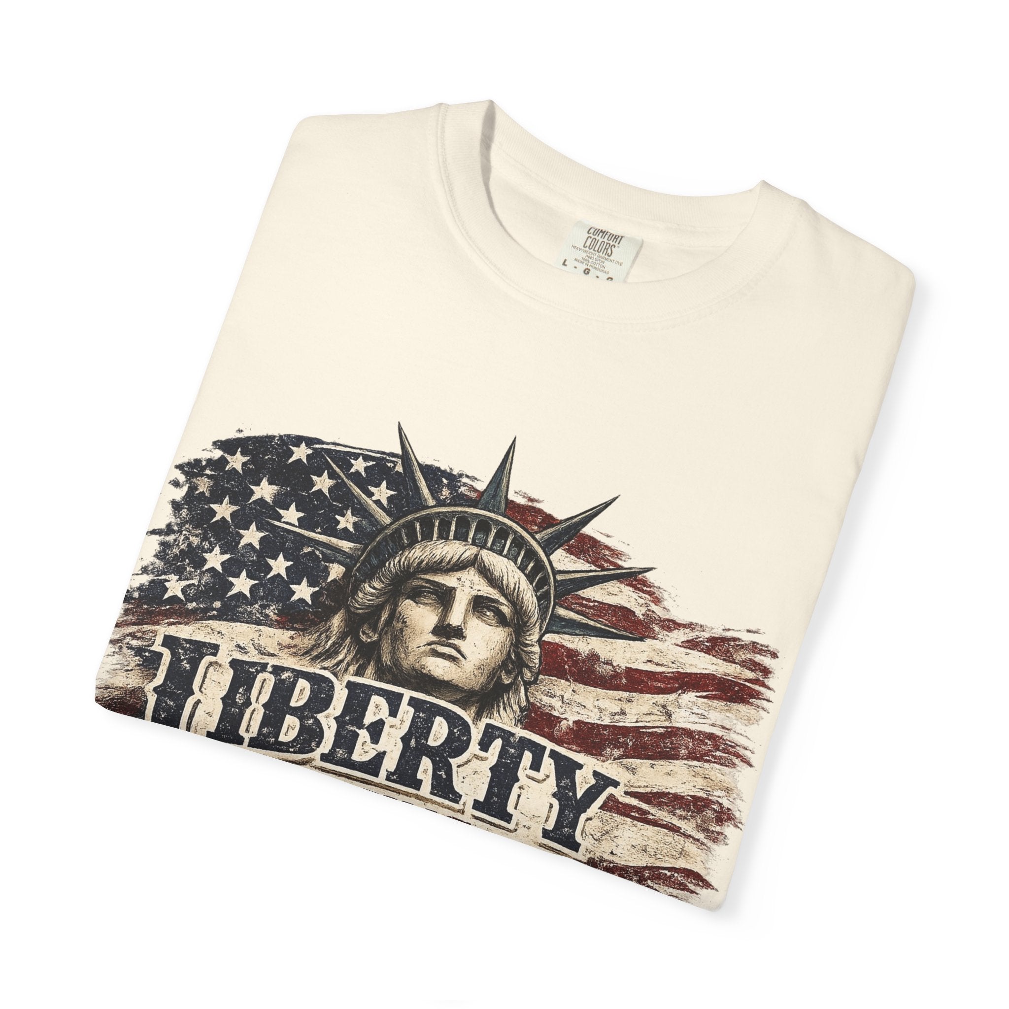 Liberty Runs Deep T-Shirt — Vintage Statue of Liberty & American Flag Graphic
