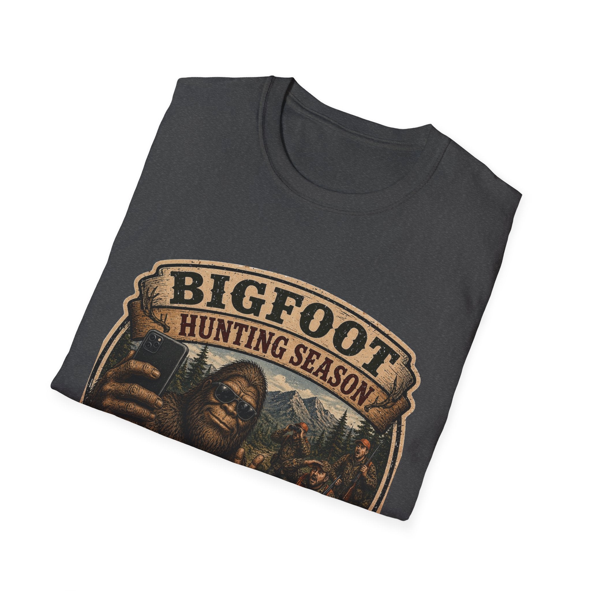 Bigfoot Hunting Season T-Shirt — 'Nice Try' Funny Sasquatch Tee