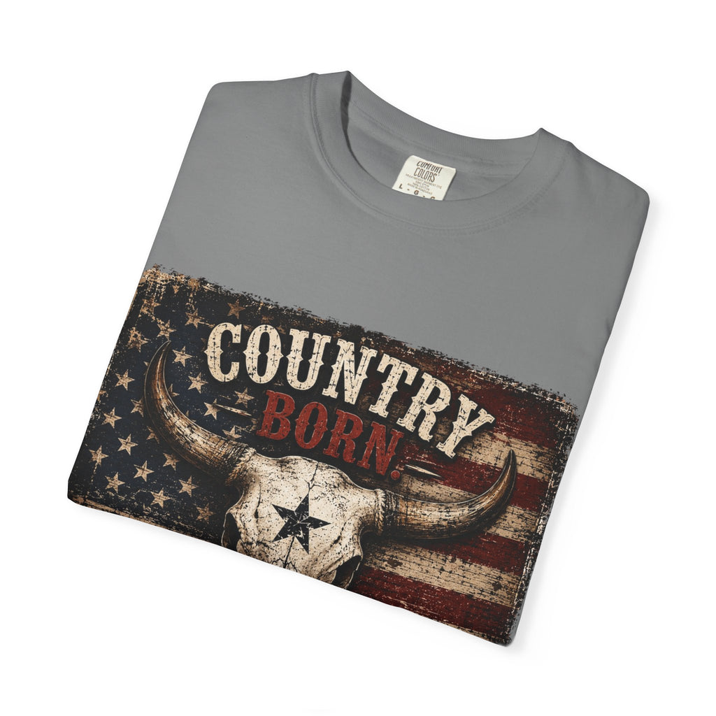 Country Born Freedom Raised T-Shirt — American Flag Steer Skull Graphic