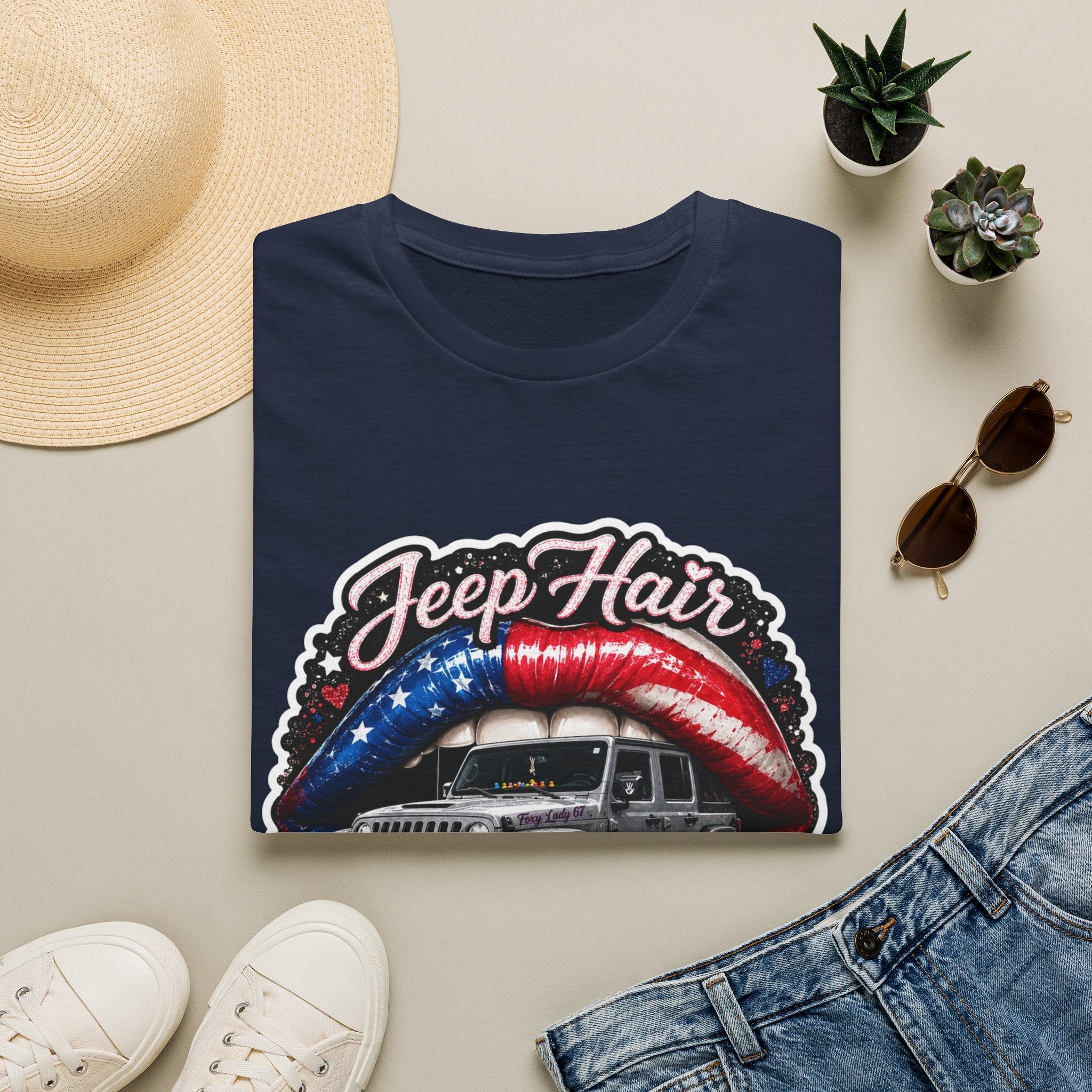 Jeep Hair Don't Care T-Shirt — American Flag Lips Off‑Road Graphic Tee