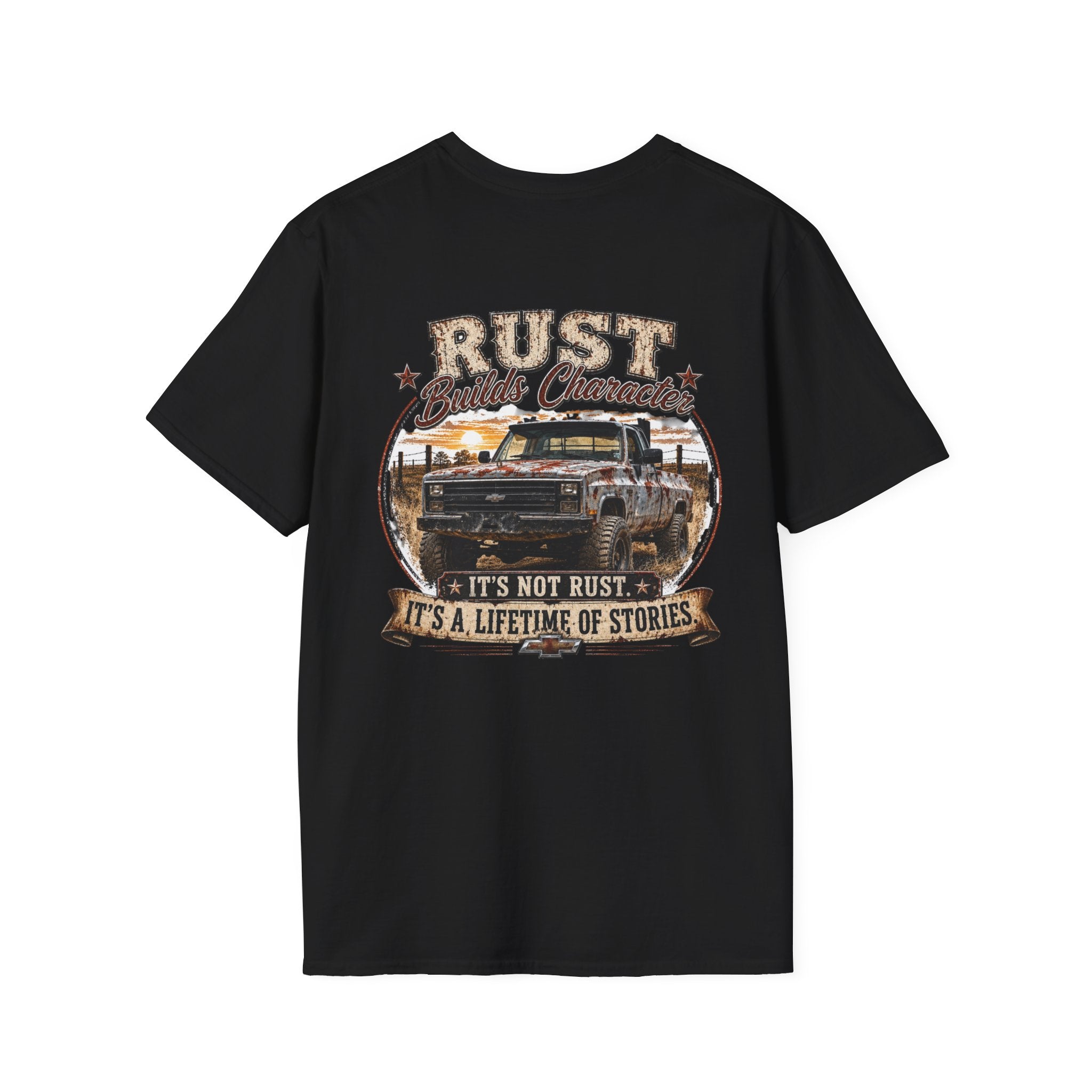 Rust Builds Character - Chevrolet K30 Vintage Truck Pocket T‑Shirt