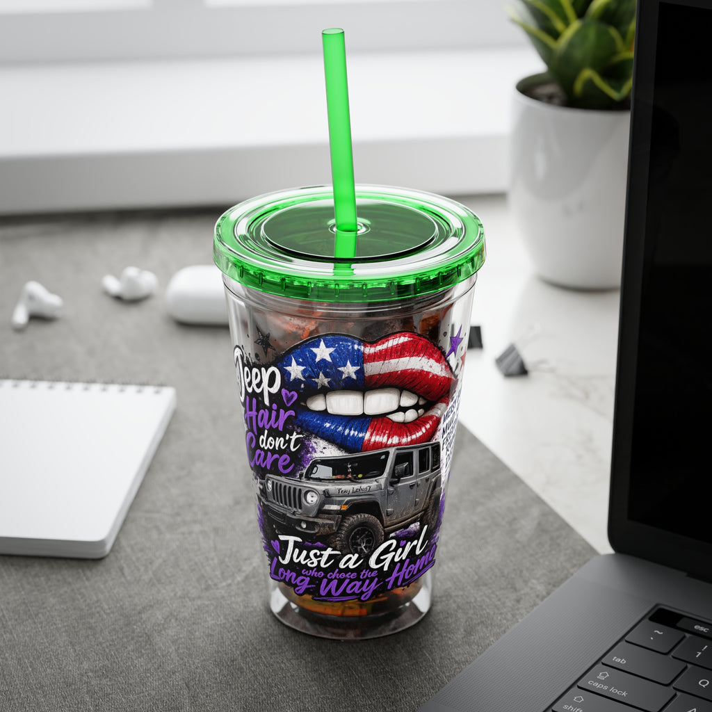 Jeep Girl 16oz Tumbler with Straw — American Flag Lips ‘Jeep Hair Don’t Care’ Design