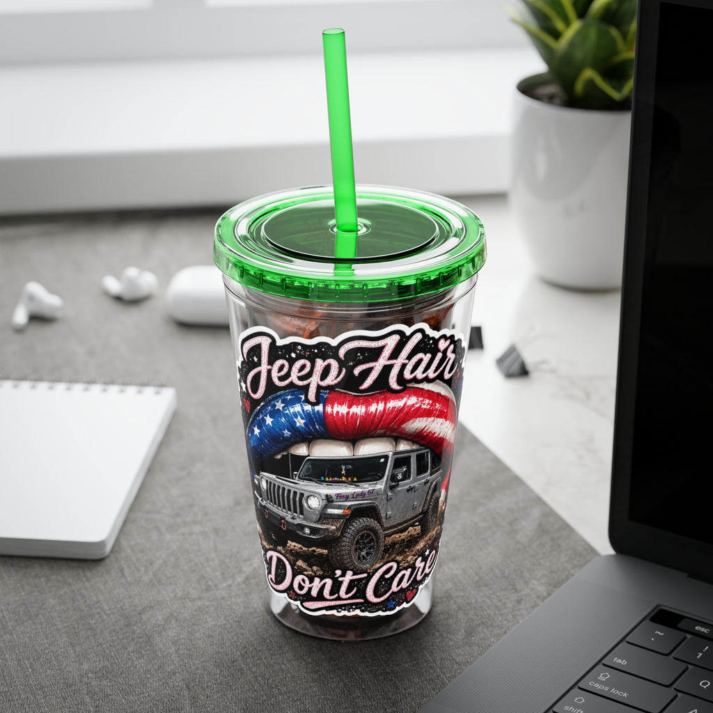 Jeep Hair Don't Care 16oz Tumbler with Straw — Patriotic Off-Road Truck Design