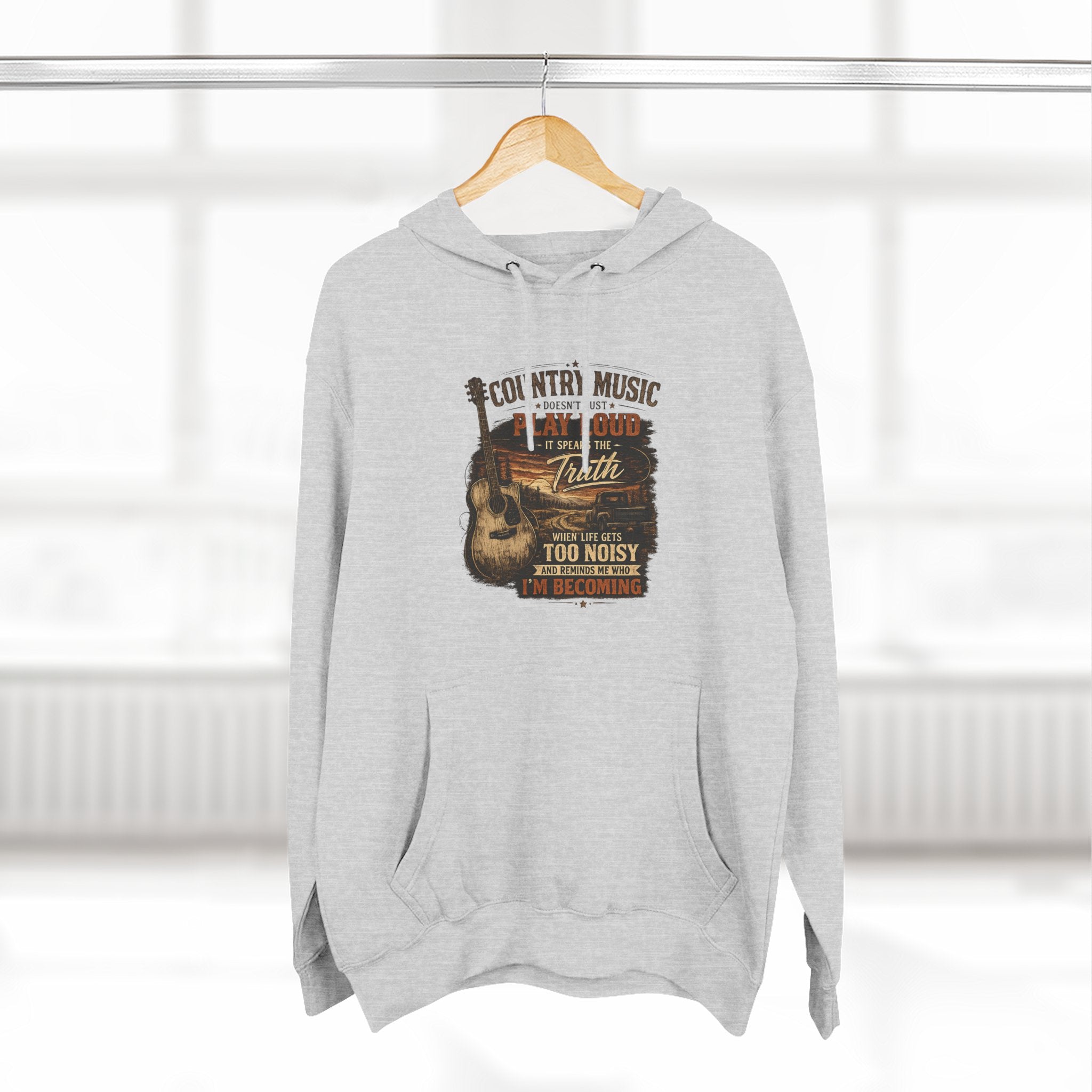 Country Music Guitar Hoodie — "Country Music: Too Loud For The City" Fleece Sweatshirt