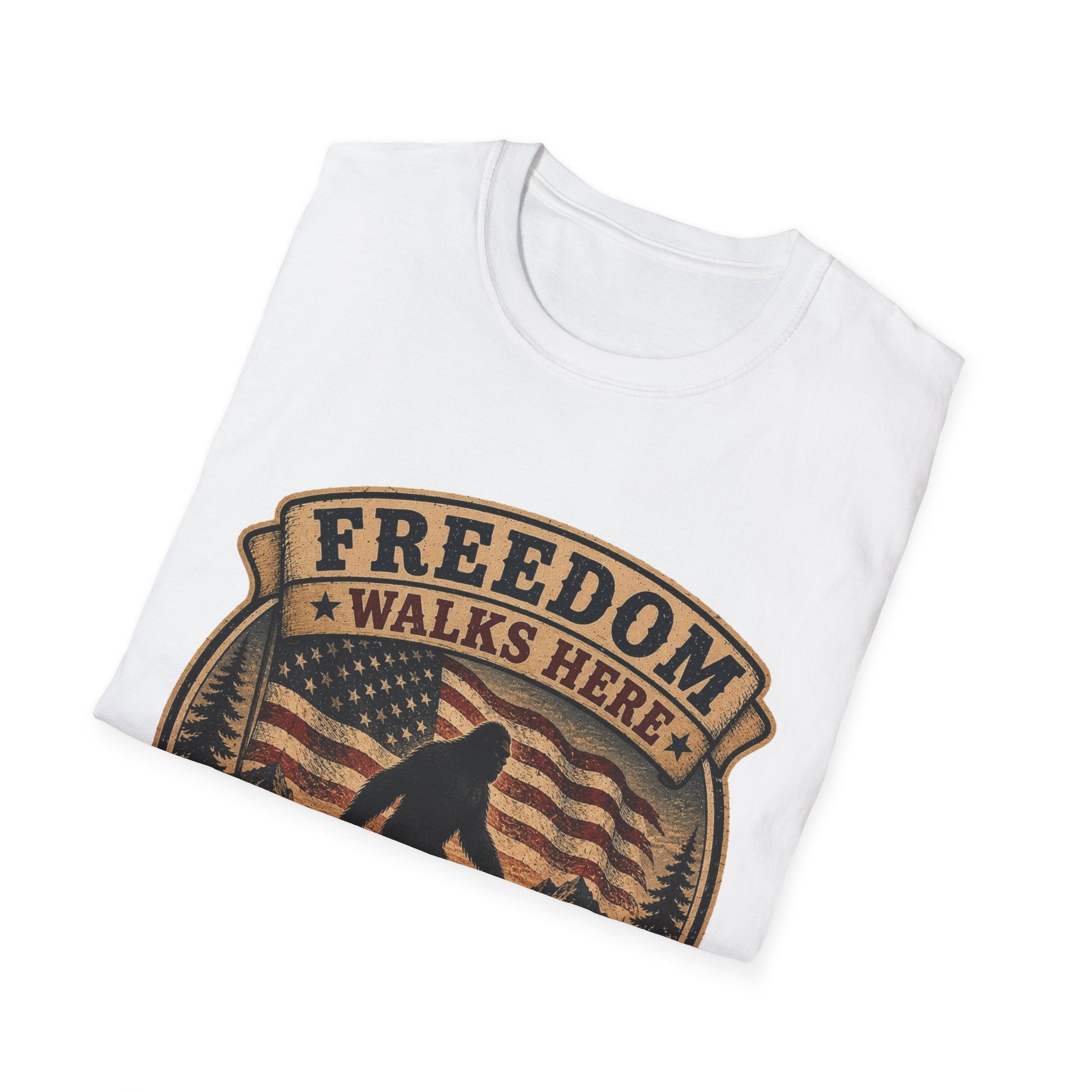Freedom Walks Here T-Shirt — Patriotic Bigfoot Graphic Tee
