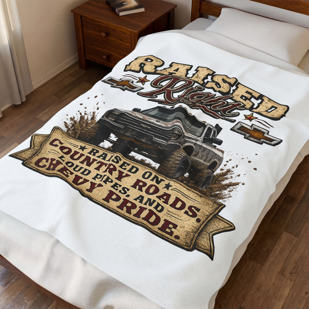 Raised Right Chevy Pride Velveteen Plush Blanket — Raised on Country Roads Design