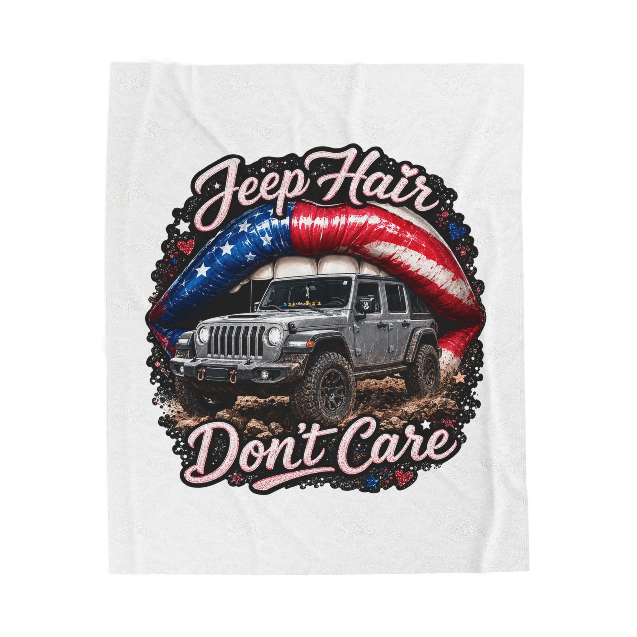 "Jeep Hair Don't Care" American Flag Lips Off‑Road Jeep Throw – Velveteen Plush Blanket