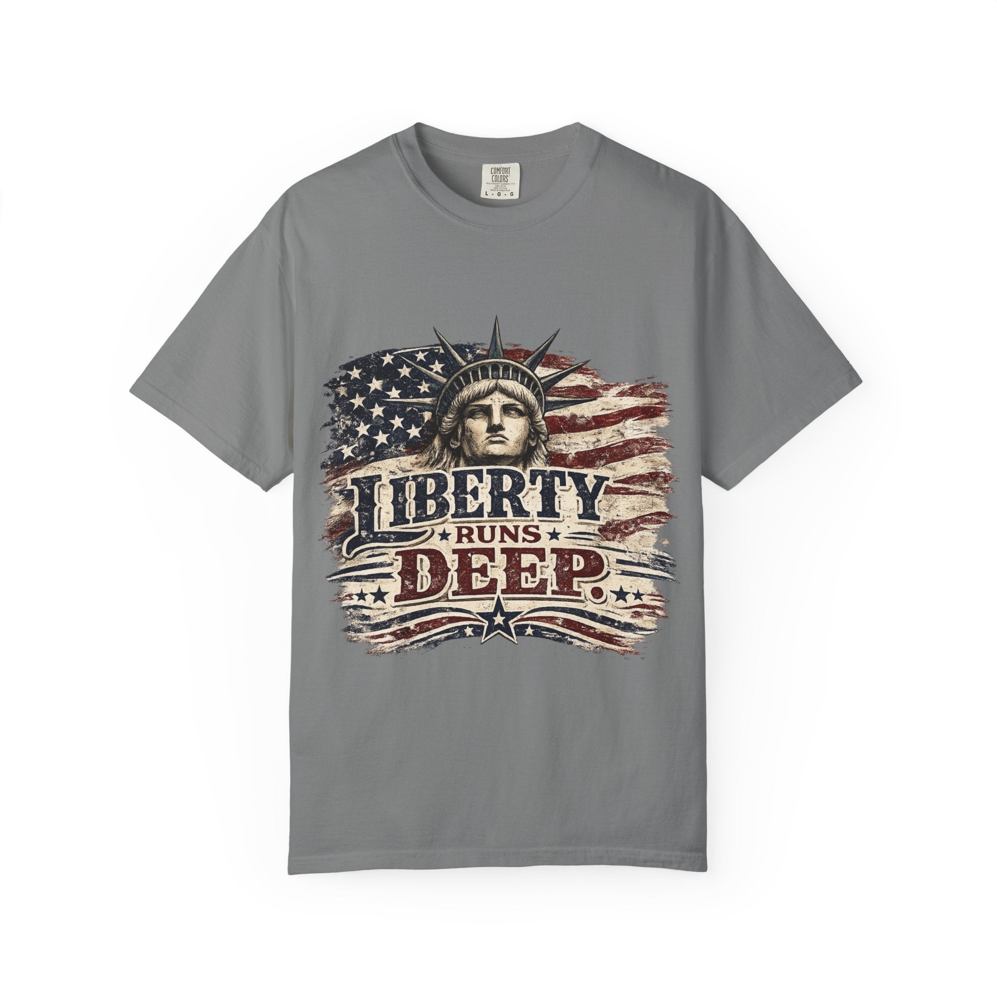 Liberty Runs Deep T-Shirt — Vintage Statue of Liberty American Flag Tee
