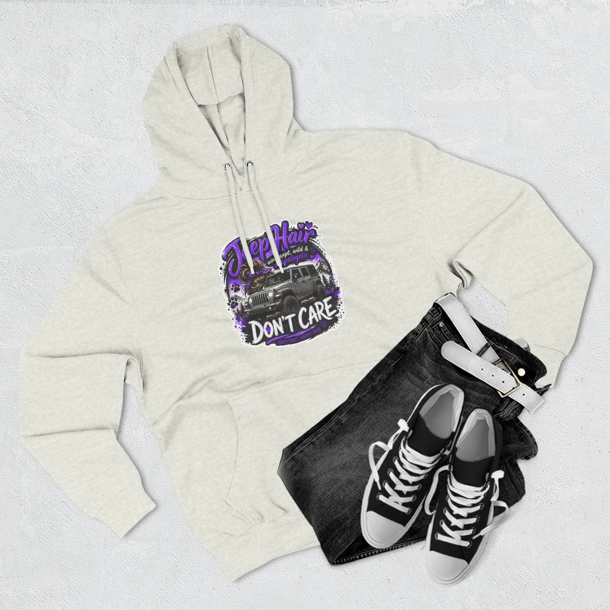 Jeep Hair Don't Care (Purple) Three-Panel Fleece Hoodie