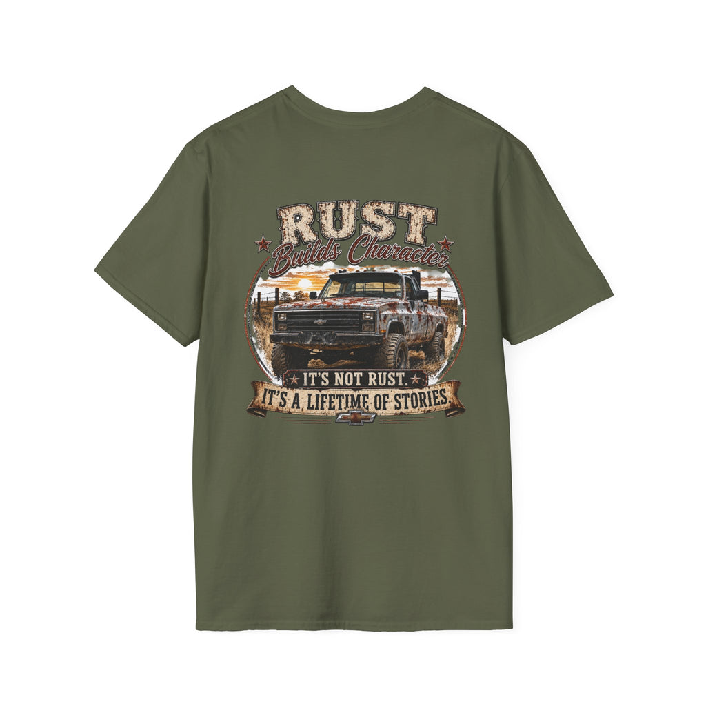 Rust Builds Character - Chevrolet K30 Vintage Truck Pocket T‑Shirt