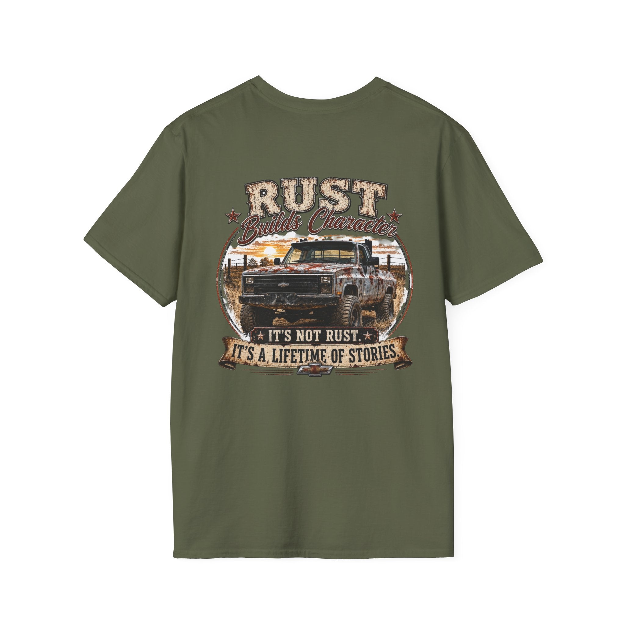 Rust Builds Character - Chevrolet K30 Vintage Truck Pocket T‑Shirt