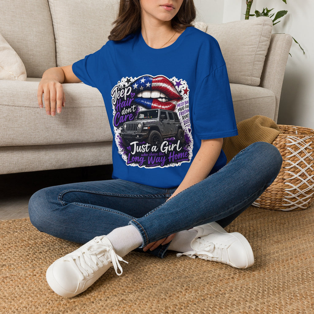 Jeep Hair Don't Care T-Shirt — American Flag Lips Off-Road Truck Tee