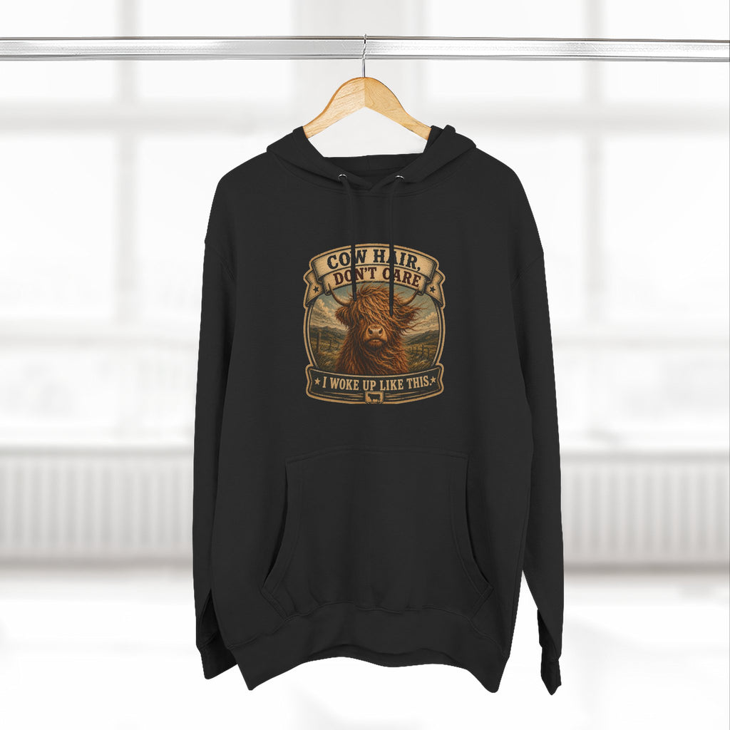 Cow Hair Don't Care Highland Cow - Three-Panel Fleece Hoodie