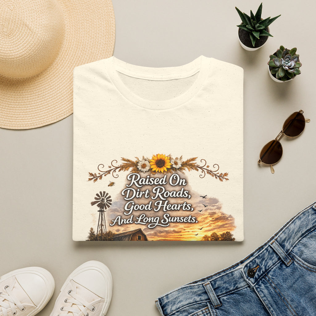 "Raised On Dirt Roads, Good Hearts, And Long Sunsets" Rustic Country Tee — T-Shirt