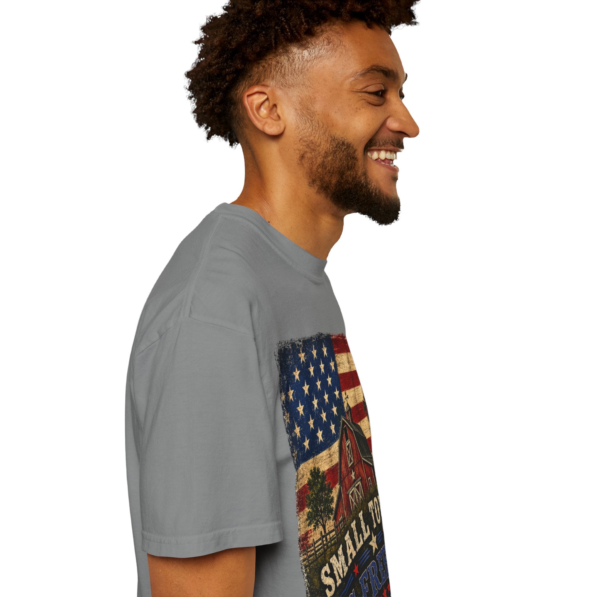Small Town Big Freedom T-Shirt — Vintage American Flag Barn Tee