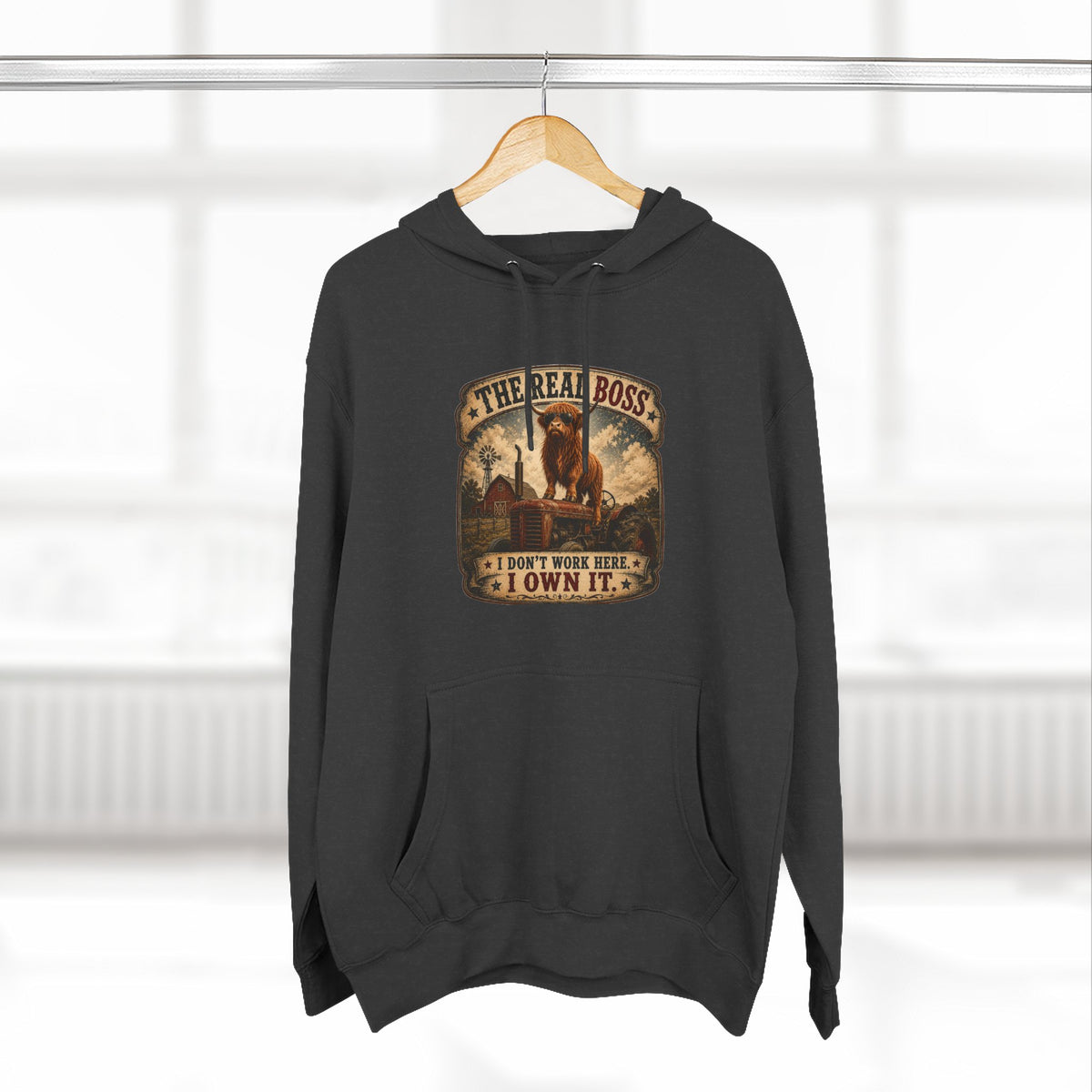 The Real Boss Highland Cow Three-Panel Fleece Hoodie