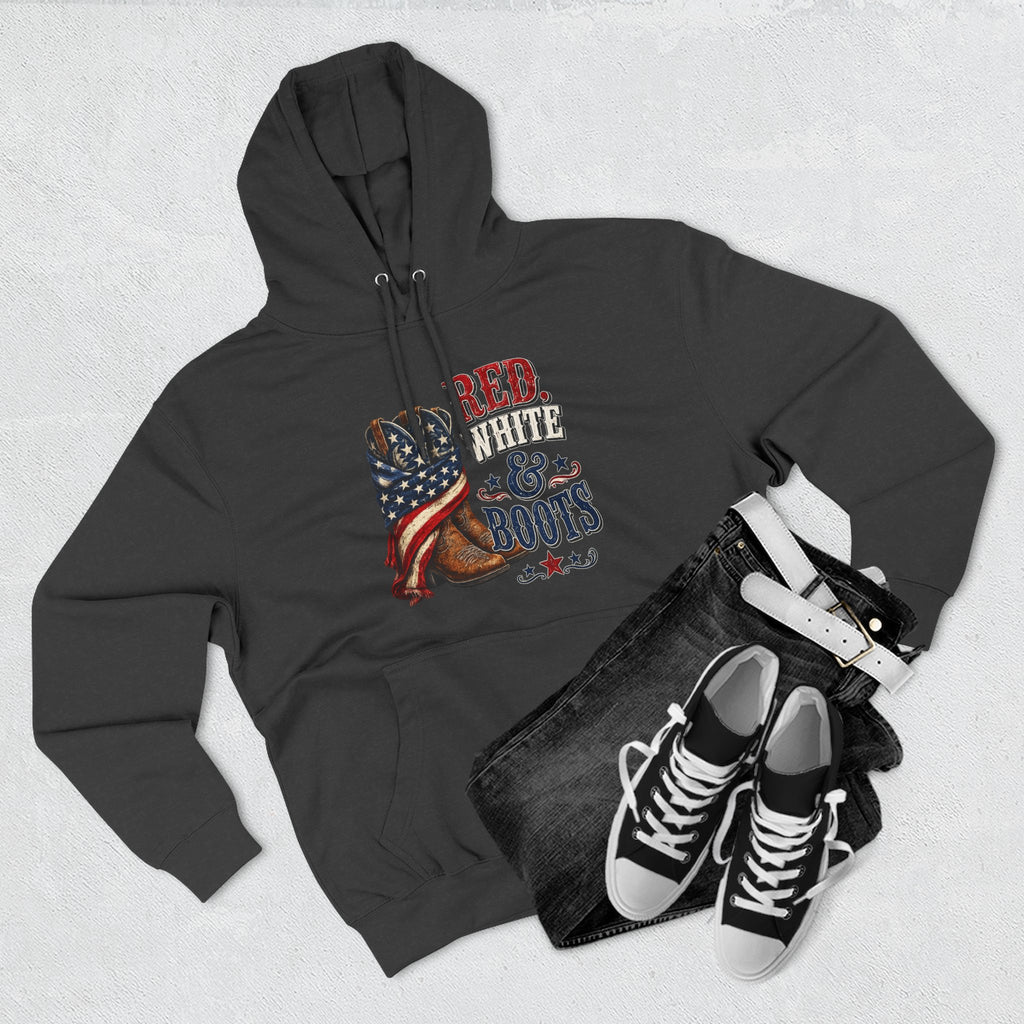 Patriotic 'Red White & Boots' Hoodie — American Flag Cowboy Boots Pullover
