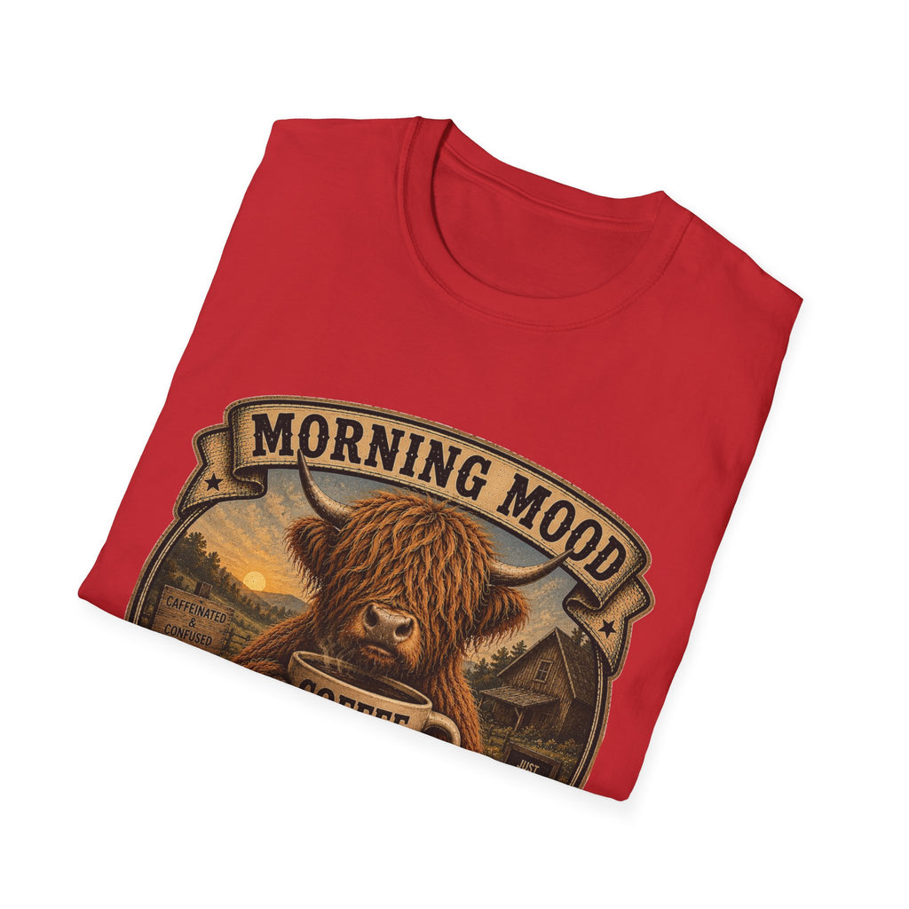 Morning Mood Moo First Questions Later Highland Cow Unisex Softstyle T-Shirt