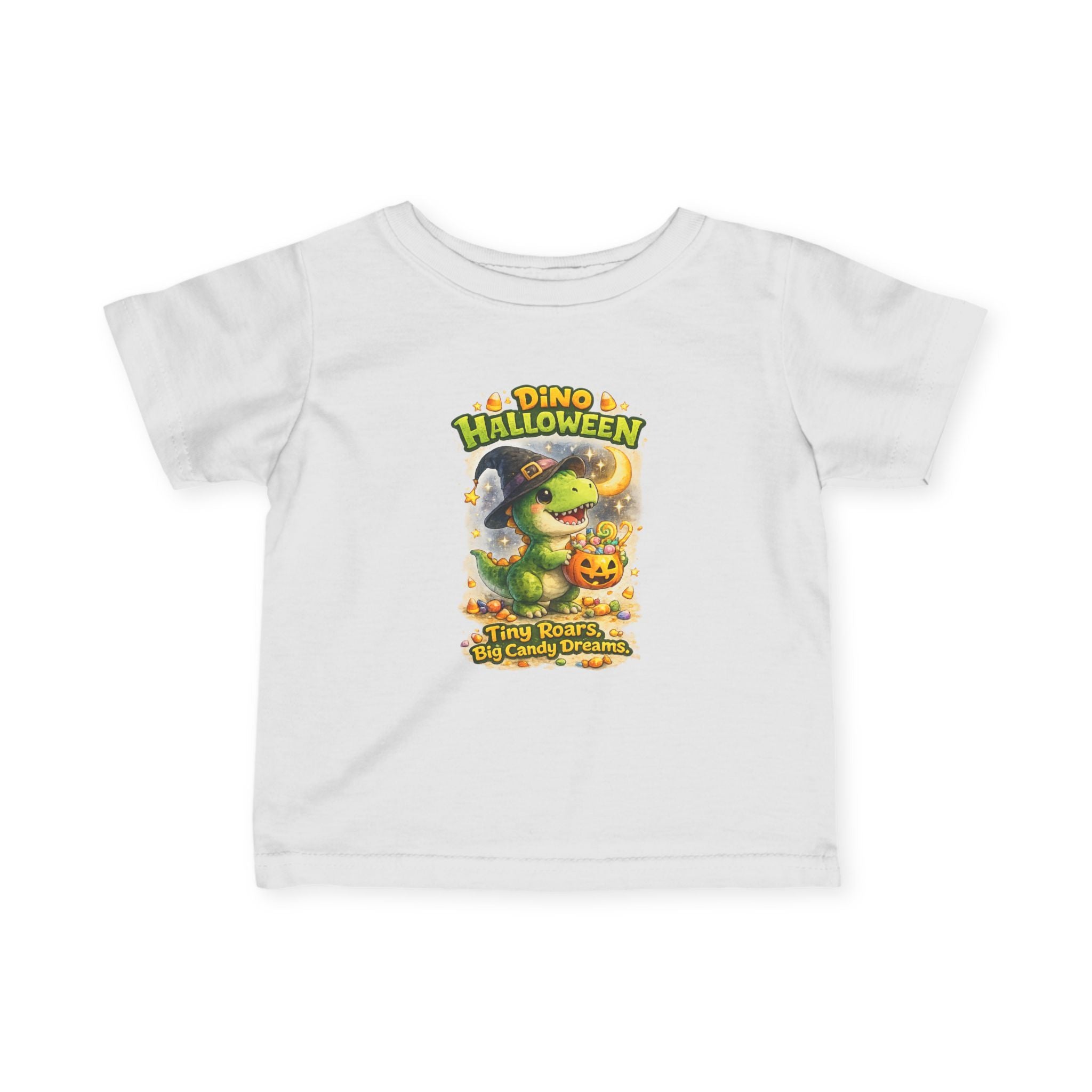 "Tiny Roars, Big Candy Dreams" Baby Shirt — Infant Halloween Dino Tee