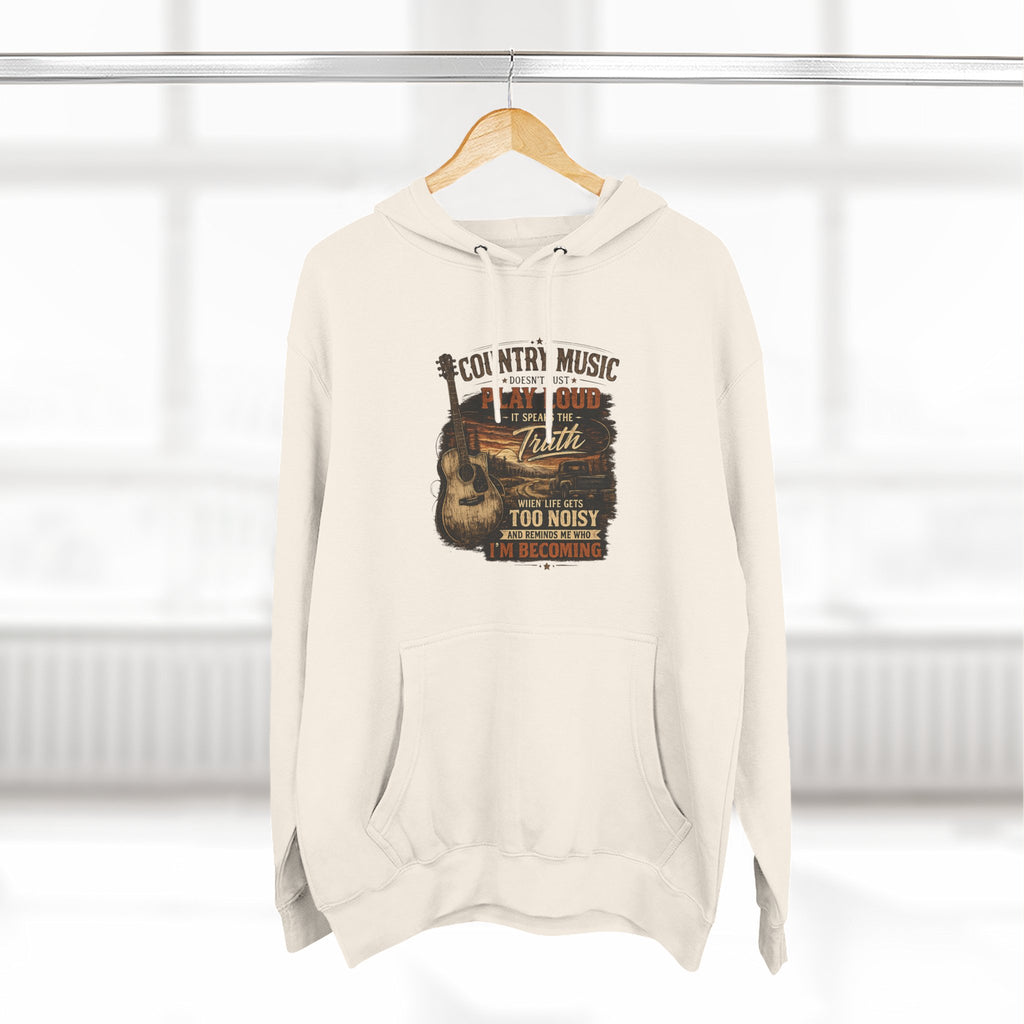 Country Music Guitar Hoodie — "Country Music: Too Loud For The City" Fleece Sweatshirt