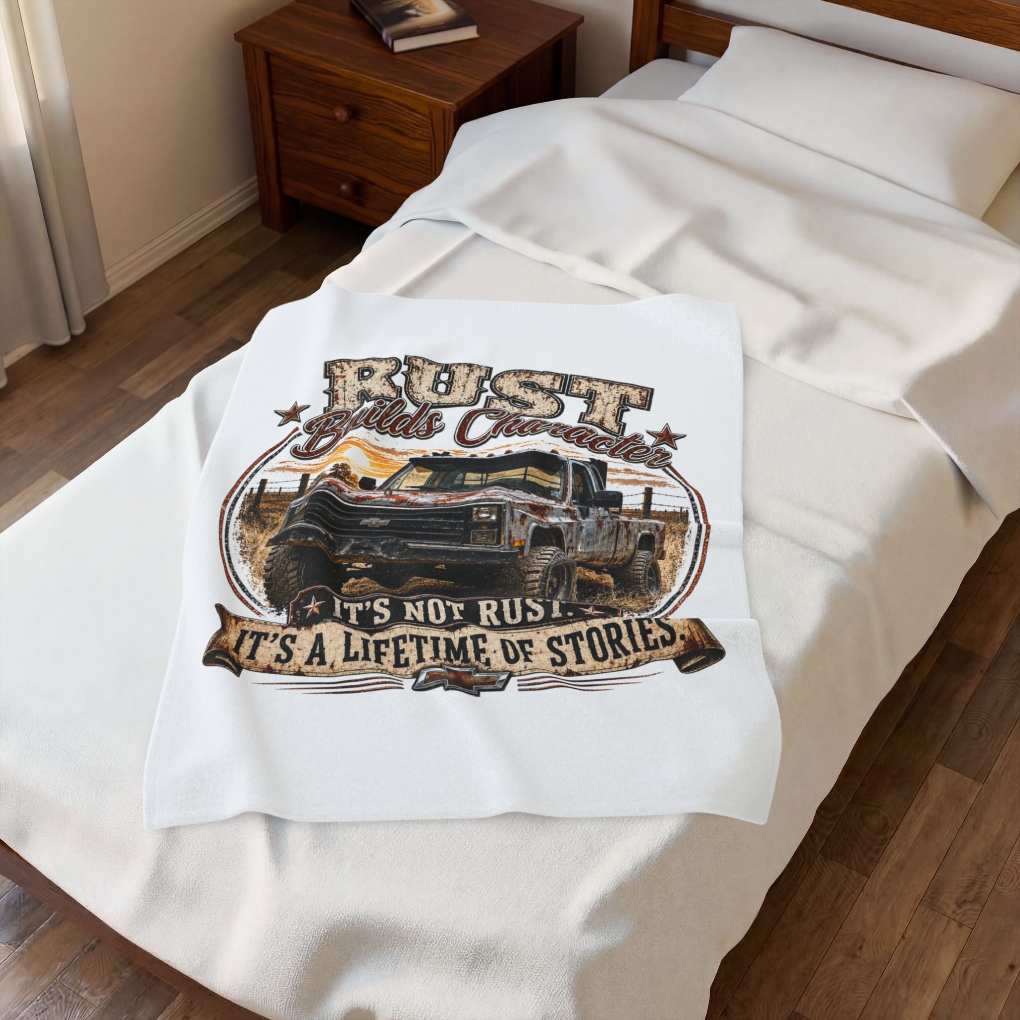 “Rust Builds Character: It’s Not Rust, It’s A Lifetime Of Stories” Vintage Truck Throw — Plush Blanket