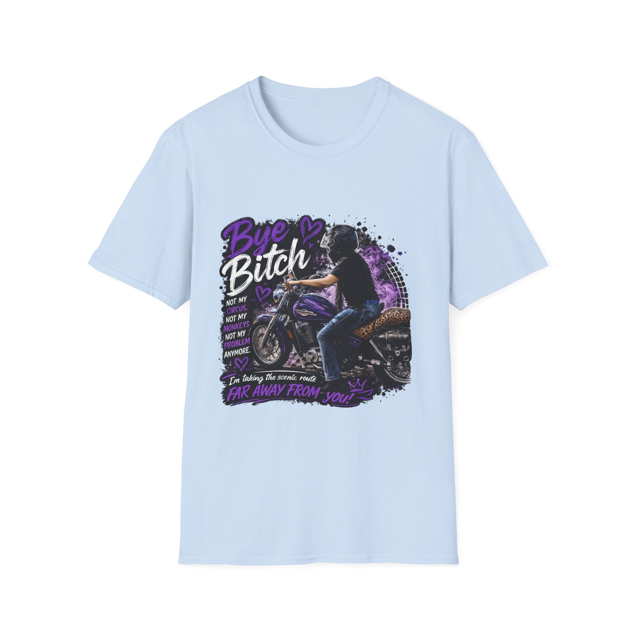 "Bue Bitch" Purple Motorcycle Design – Biker Babe Graphic T‑Shirt