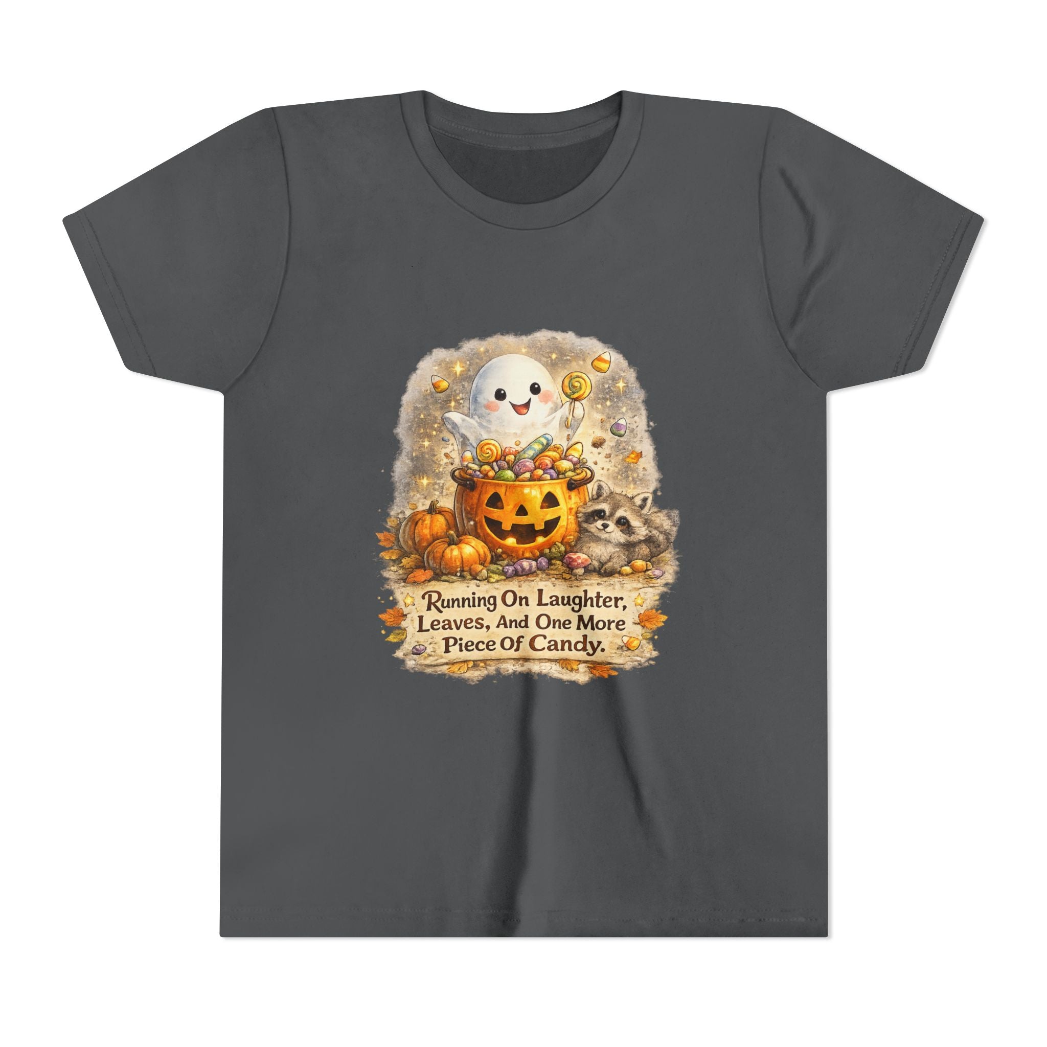 Cute Ghost, Pumpkin Candy & 'Running On Laughter, Leaves, And One More Piece Of Candy' — Youth Halloween Tee
