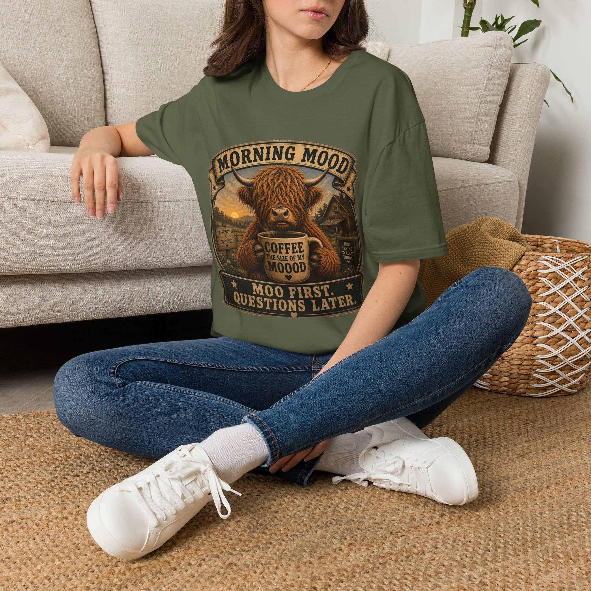Morning Mood Moo First Questions Later Highland Cow Unisex Softstyle T-Shirt