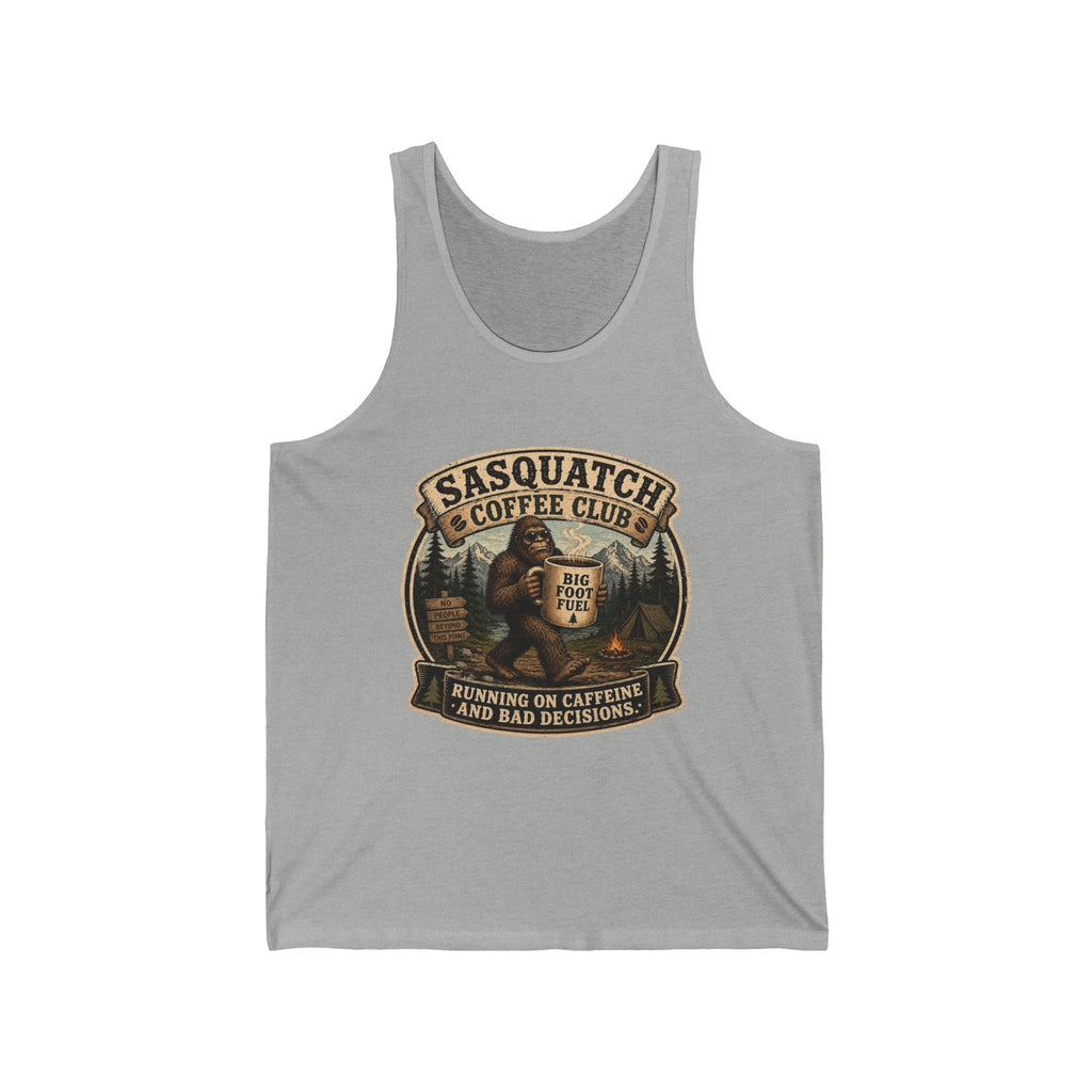 Sasquatch Coffee Club Tank Top — 'Running on Caffeine and Bad Decisions' Graphic Tank