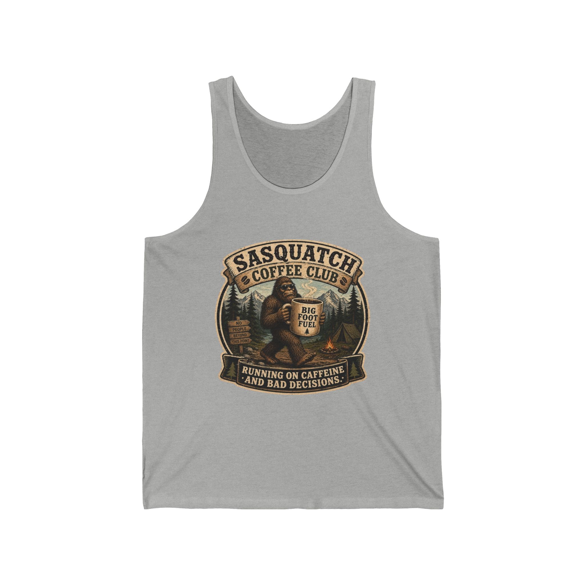 Sasquatch Coffee Club Tank Top — 'Running on Caffeine and Bad Decisions' Graphic Tank