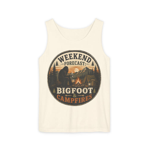 Bigfoot & Campfires Tank Top — "Weekend Forecast: Bigfoot & Campfires" Outdoor Camping Tank